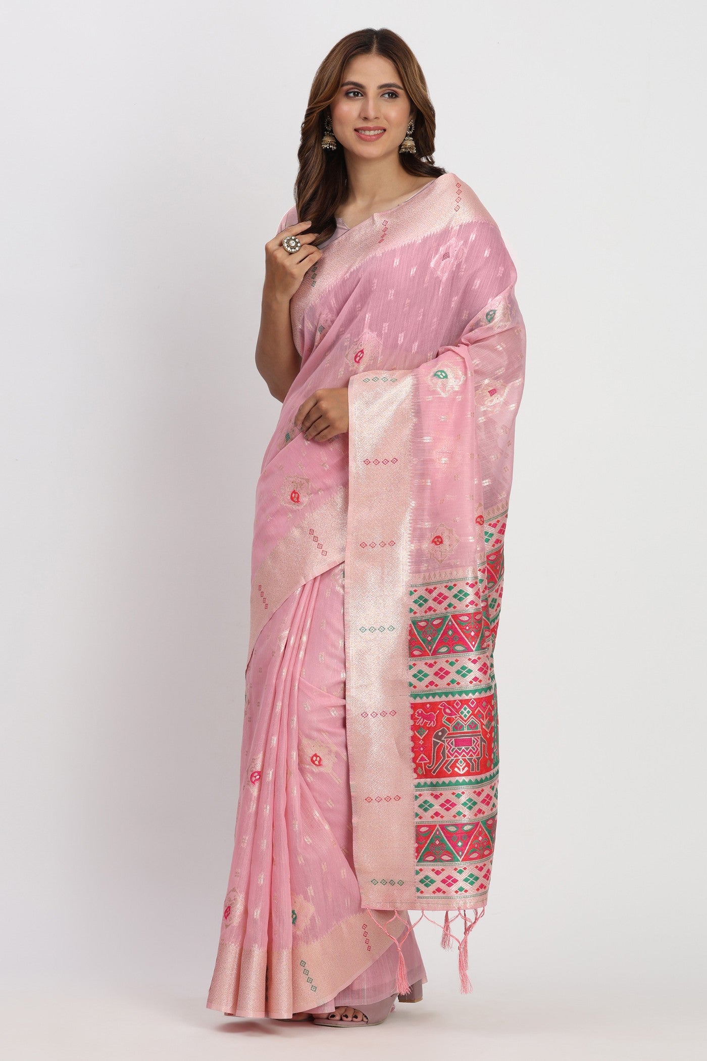 Buy MySilkLove Sea Pink Woven Linen Cotton Saree Online