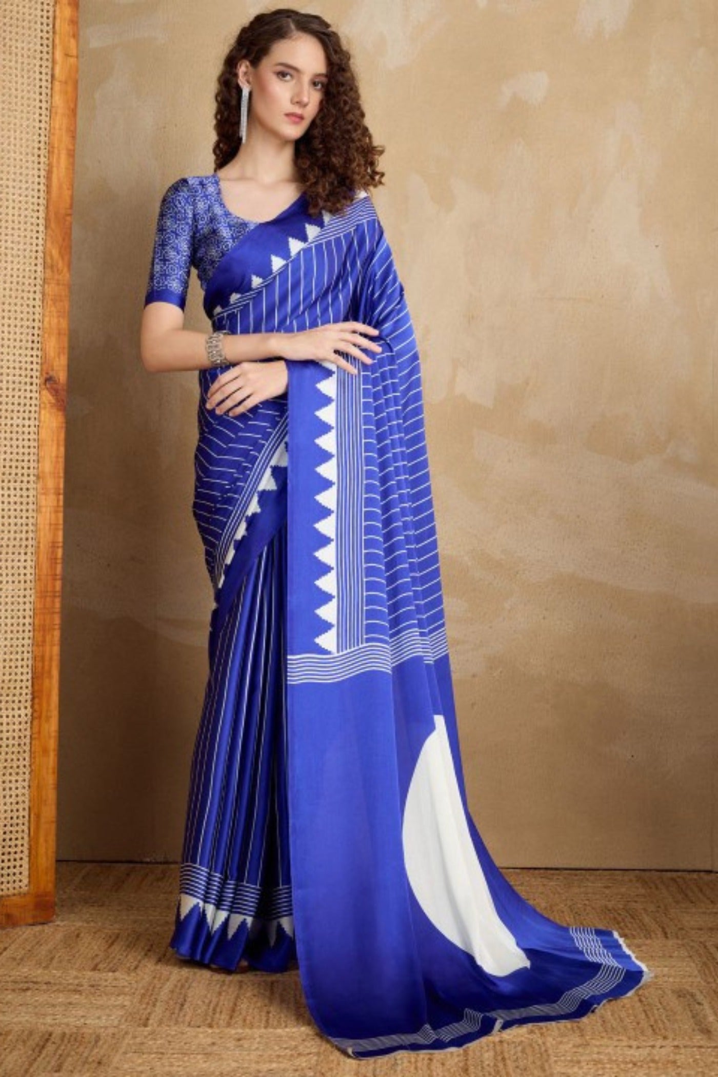 Buy MySilkLove Spruce Blue Ajrakh Printed Satin Crepe Silk Saree Online