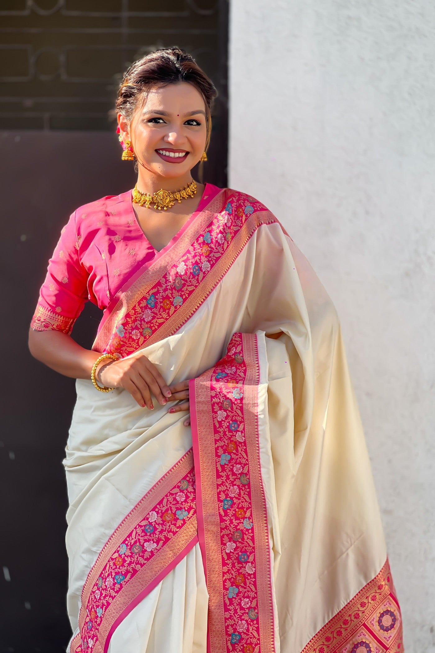 Buy MySilkLove Soapstone White Zari Woven Paithani Saree Online