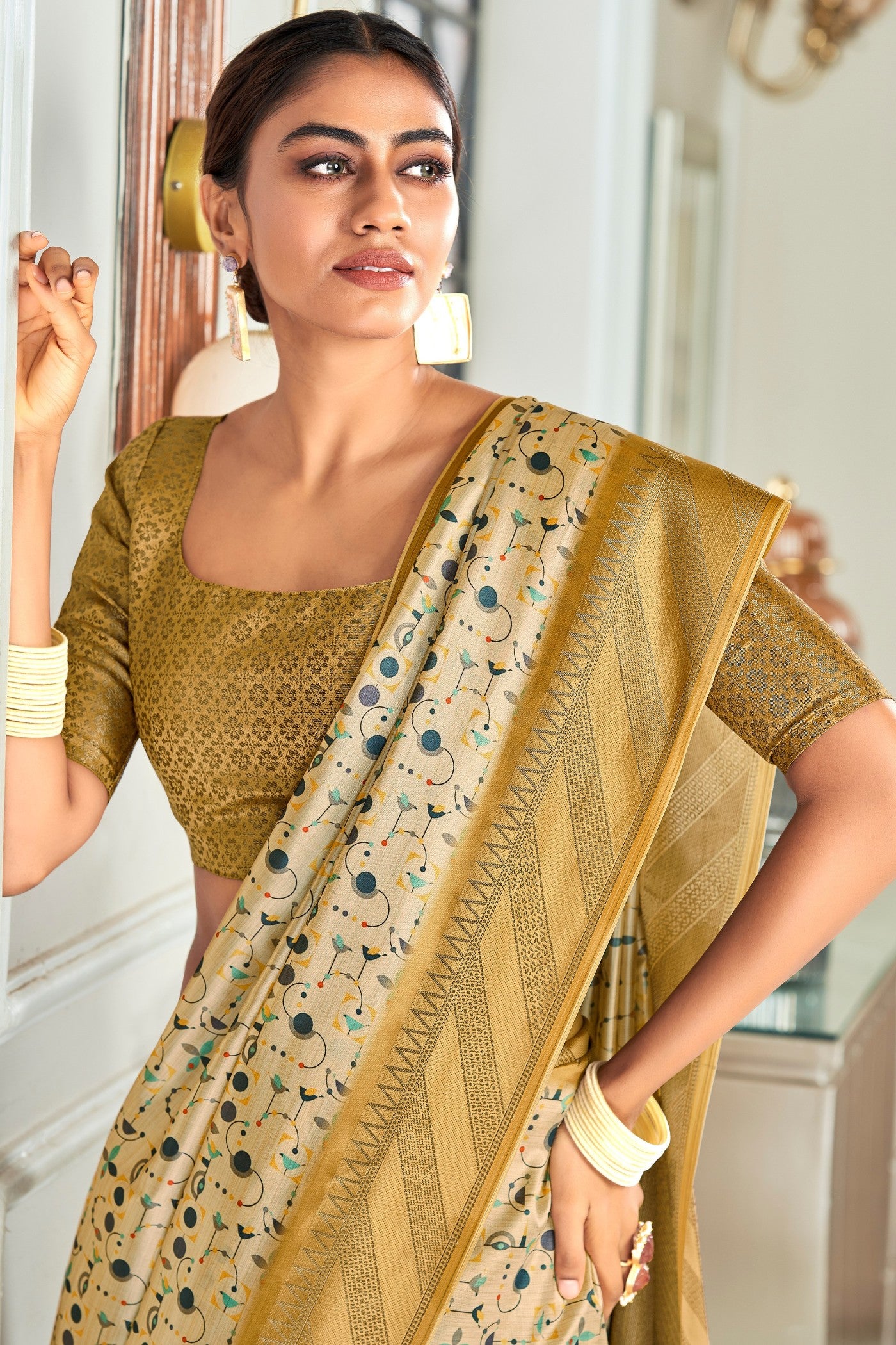 Buy MySilkLove Twine Cream and Yellow Digital Printed Banarasi Saree Online