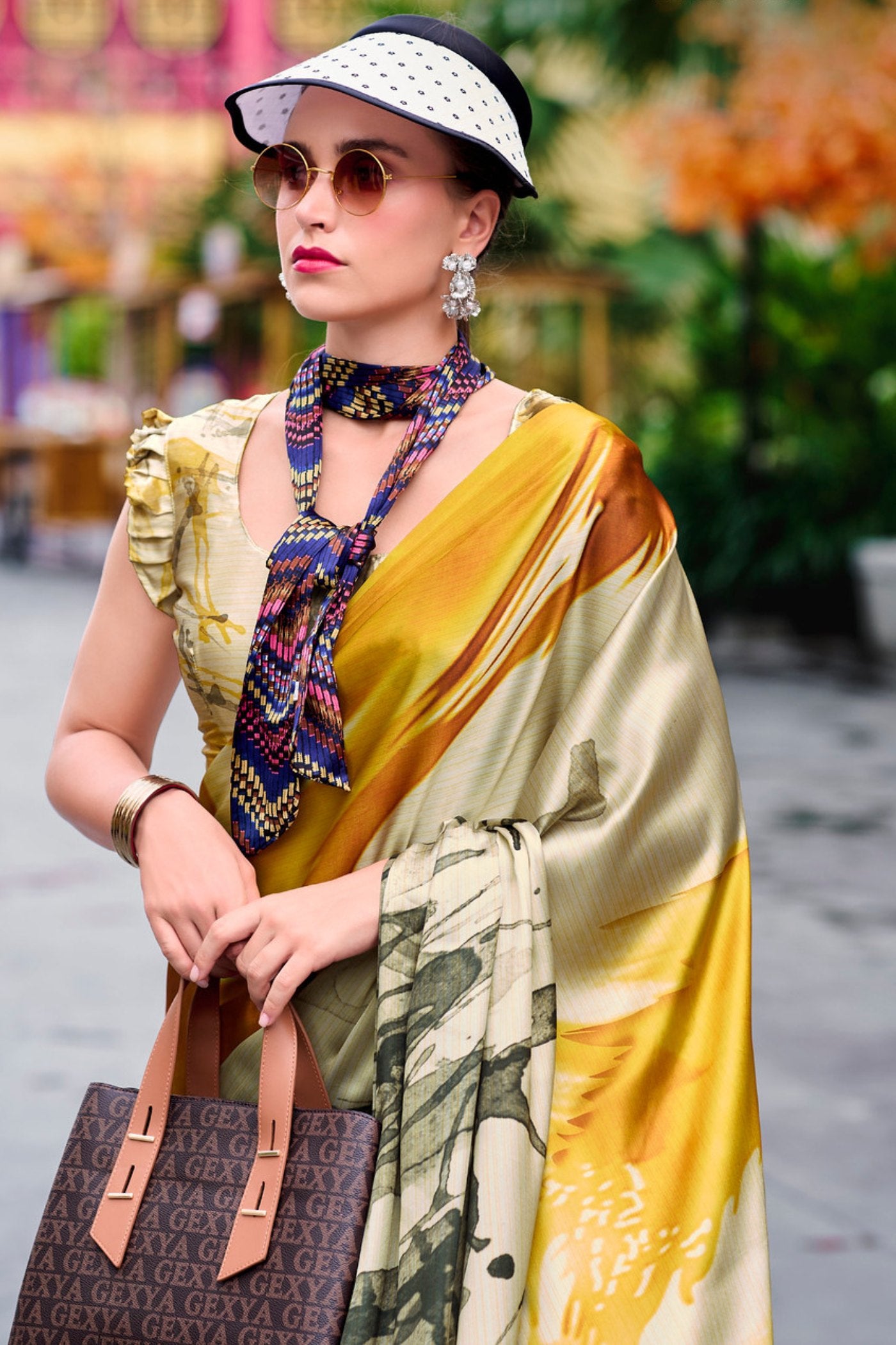 MySilkLove Copper Yellow Printed Satin Crepe Silk Saree