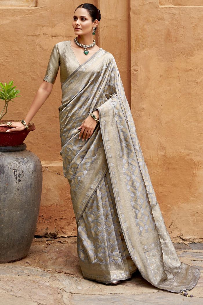 Buy MySilkLove Silver Grey Woven Banarasi Saree Online