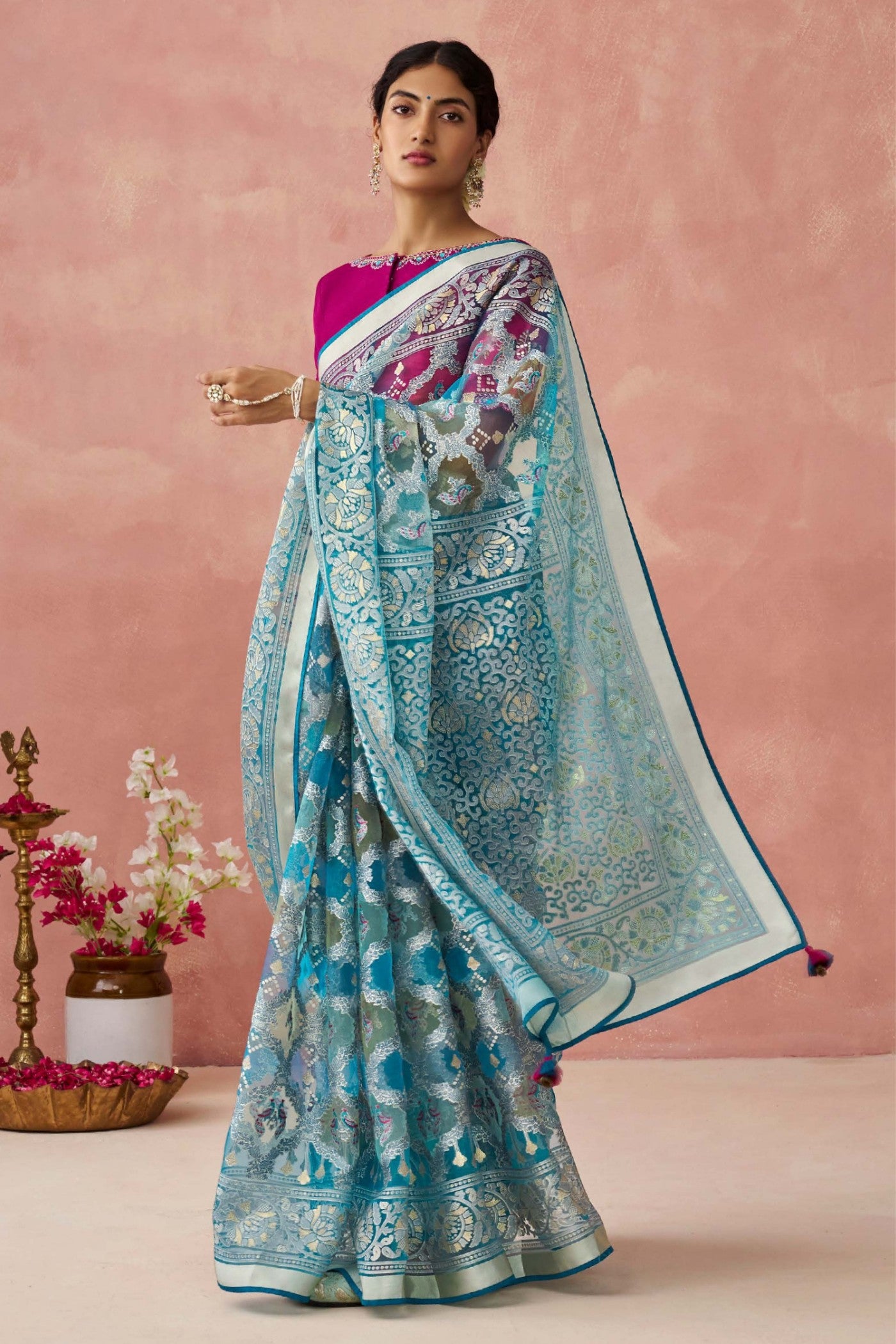 Buy MySilkLove Juniper Blue and Pink Brasso Organza Printed Saree Online