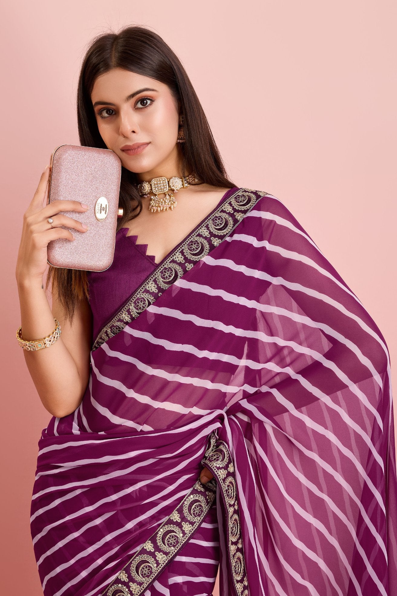 Buy MySilkLove Claret Purple Georgette Lehriya Silk saree Online