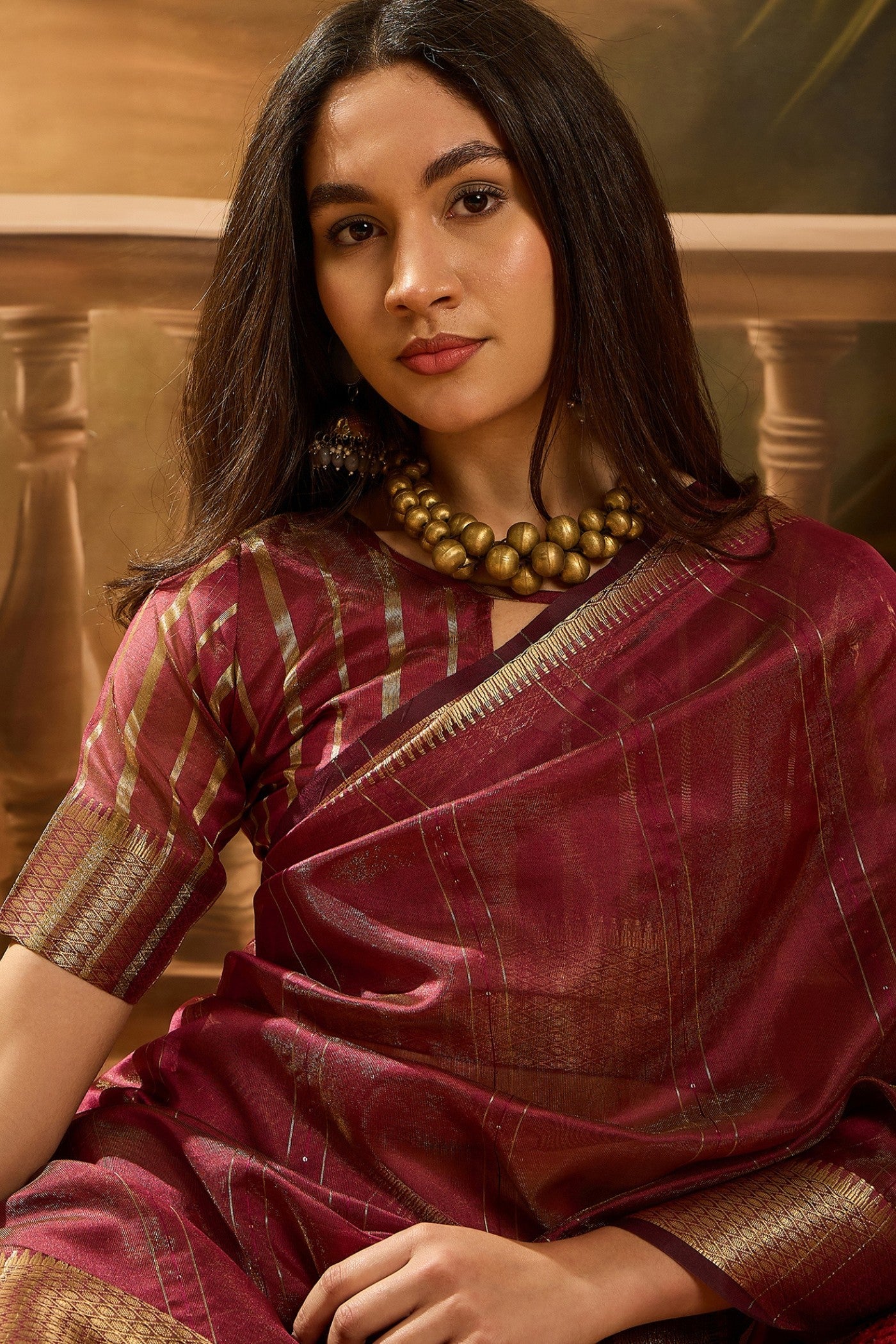 MySilkLove Brick Maroon Woven Organza Saree