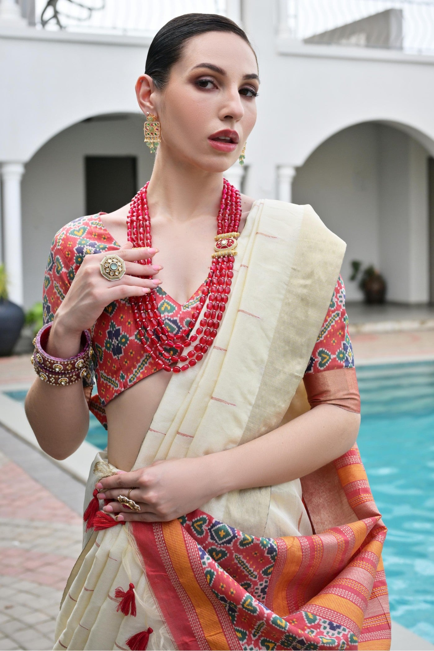 Buy MySilkLove Pearl White Meenakari Woven Patola Saree Online