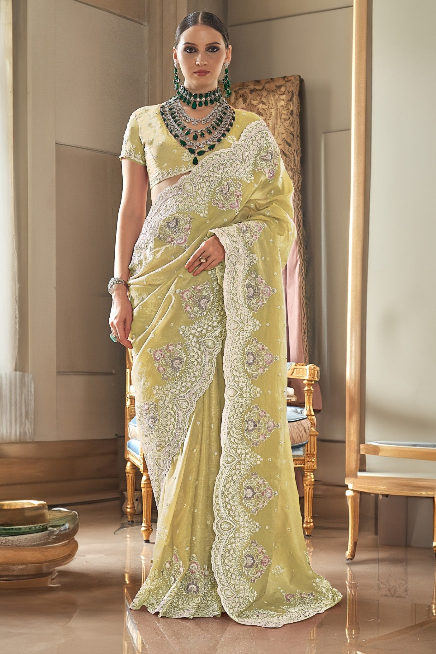 Buy MySilkLove Cape Honey Yellow Embroidery Designer Saree Online