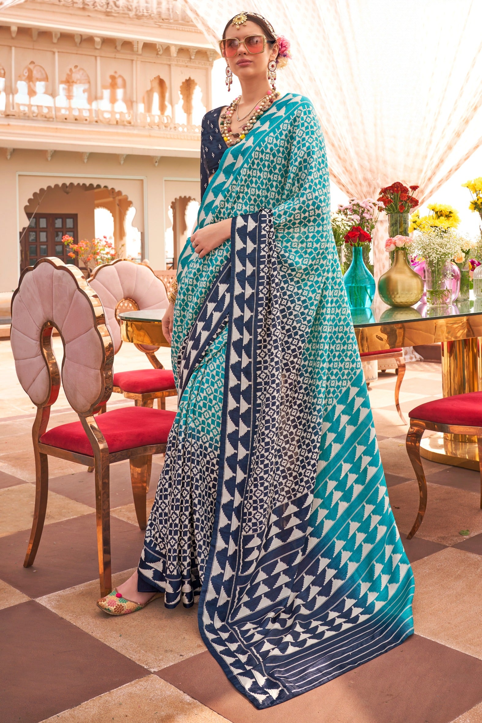 Buy MySilkLove Cool Blue Printed Patola Saree Online