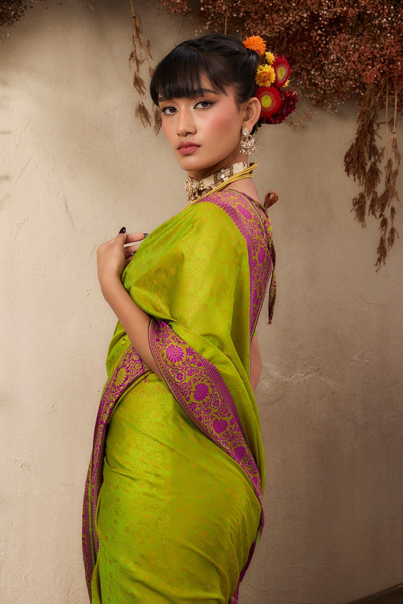 Buy MySilkLove Volt Green Woven Tanchoi Kanjivaram Saree Online