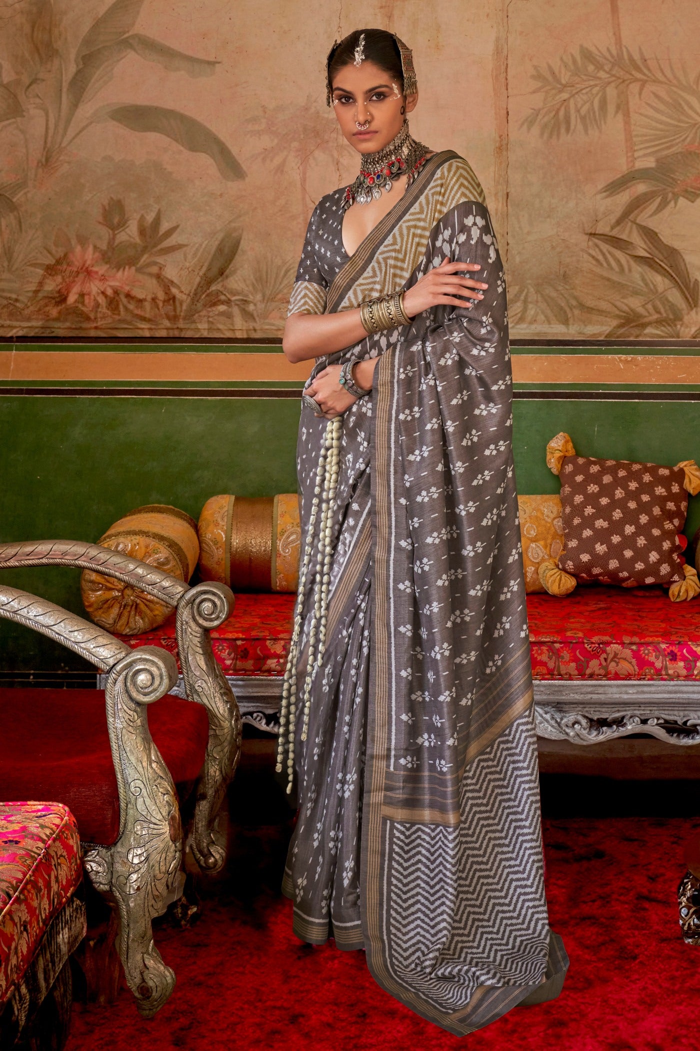 Buy MySilkLove Spicy Grey Printed Patola Saree Online