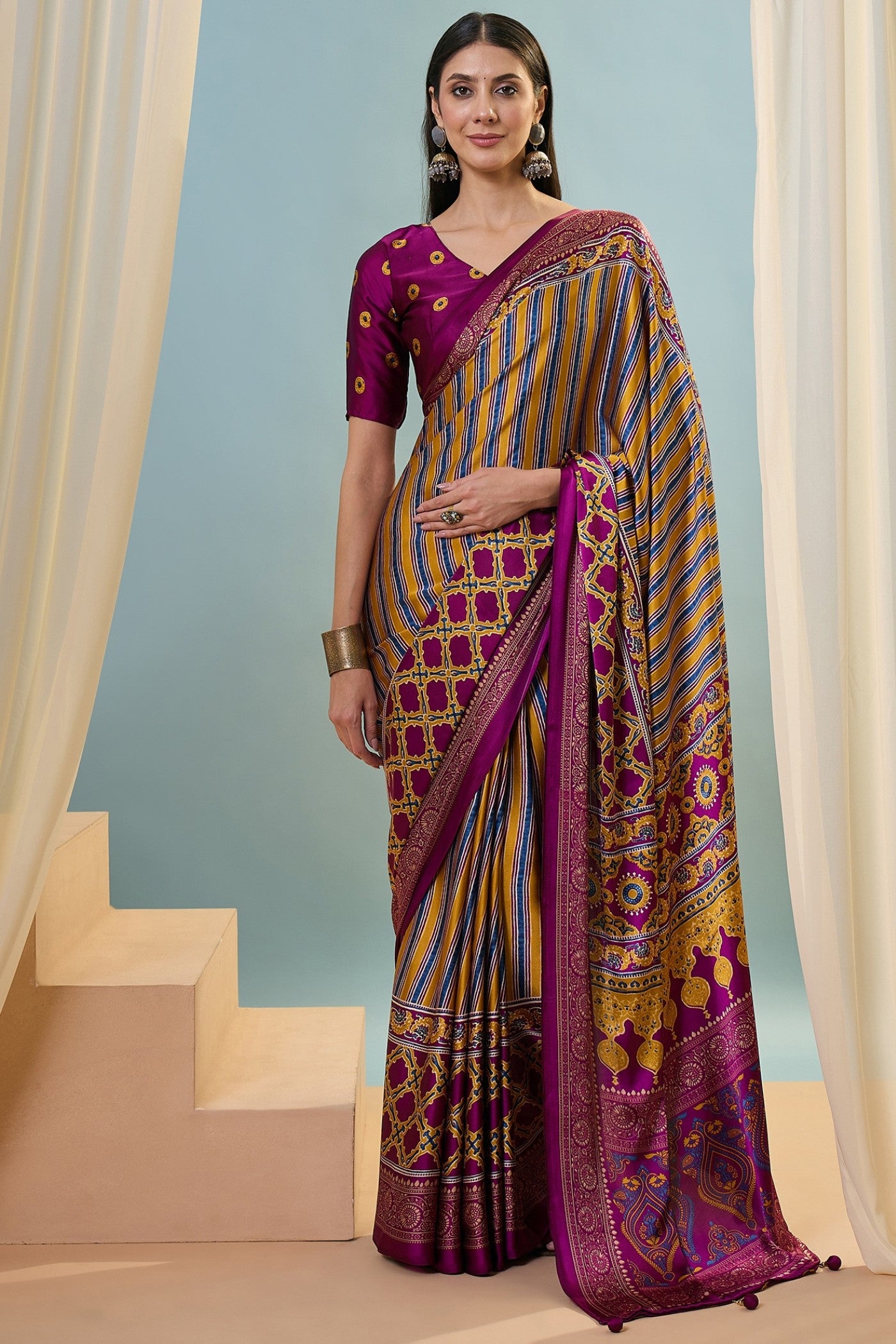 Buy MySilkLove Vesper Purple Ajrakh Printed Satin Crepe Silk Saree Online
