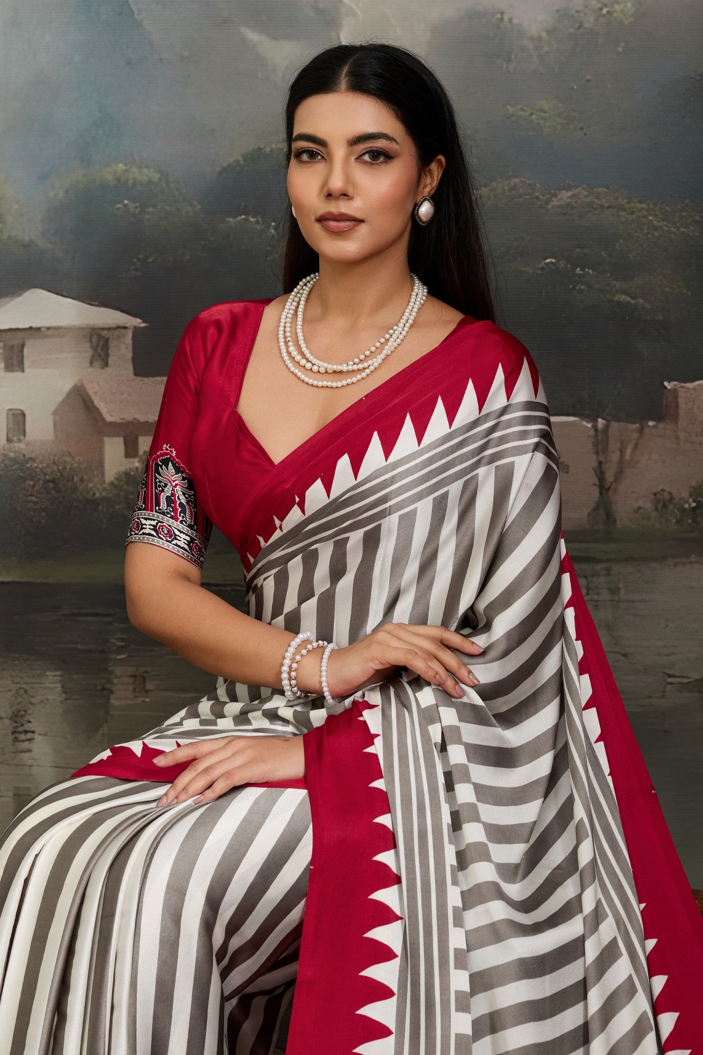 MySilkLove Honeydew White and Red Ajrakh Printed Satin Crepe Silk Saree