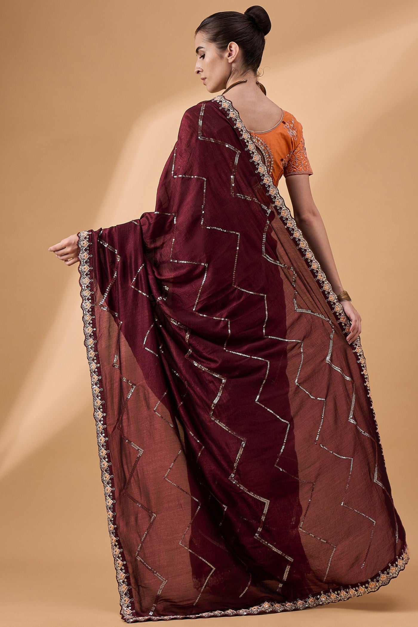 Buy MySilkLove Cowboy Brown Chinon Partywear Saree Online