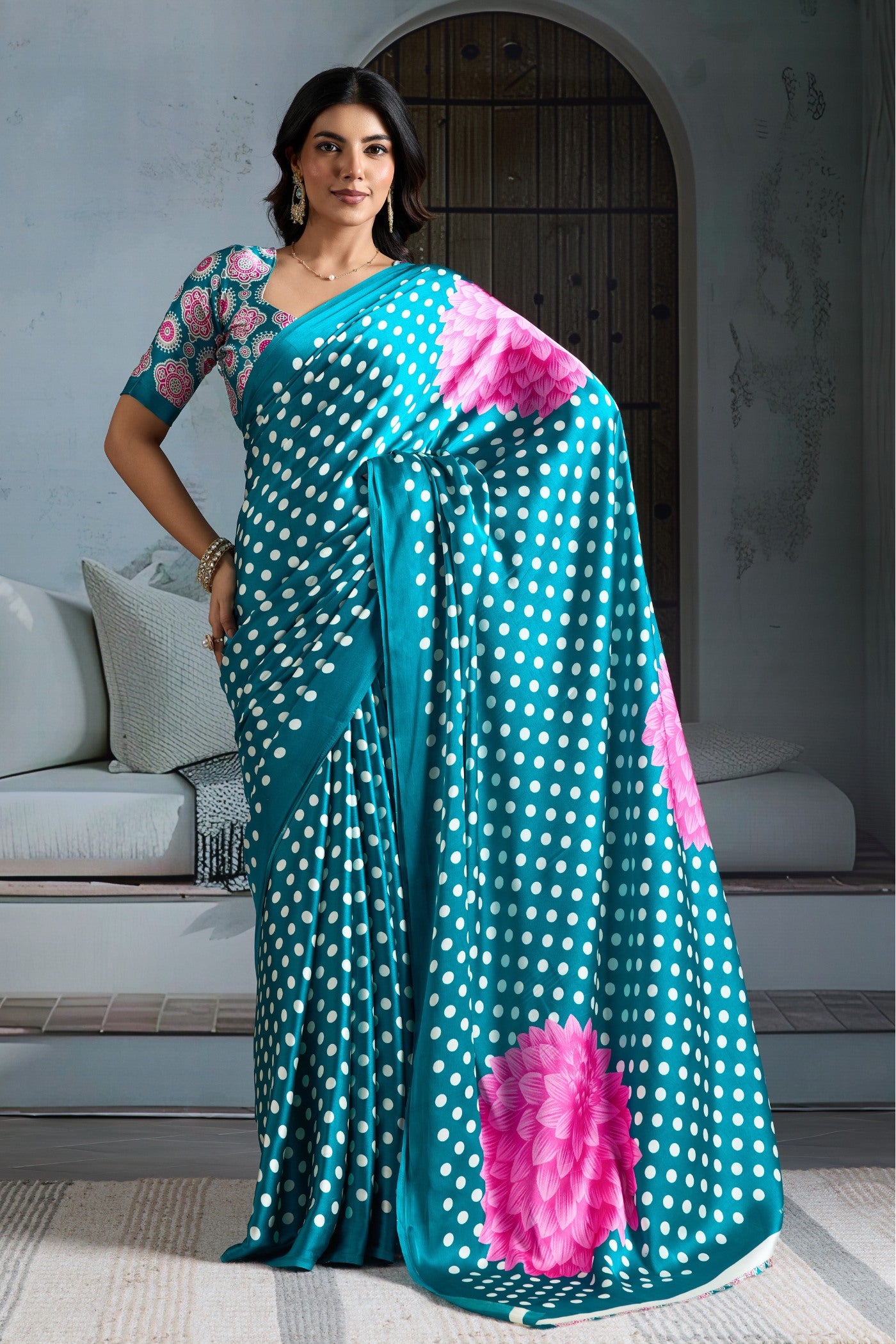 Buy MySilkLove Cornflower Blue Printed Polka Dots Satin Crepe Saree Online