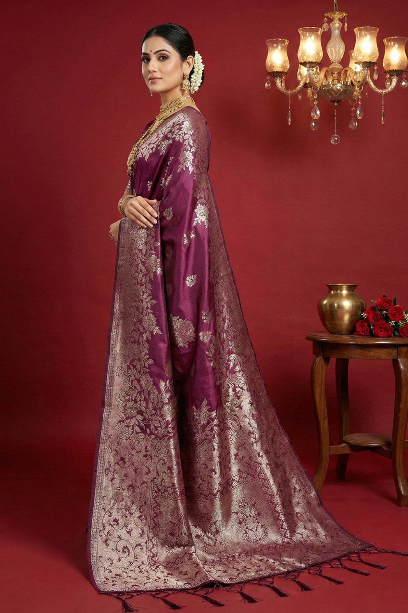 MySilkLove Plum Purple Woven Banarasi Silk Saree