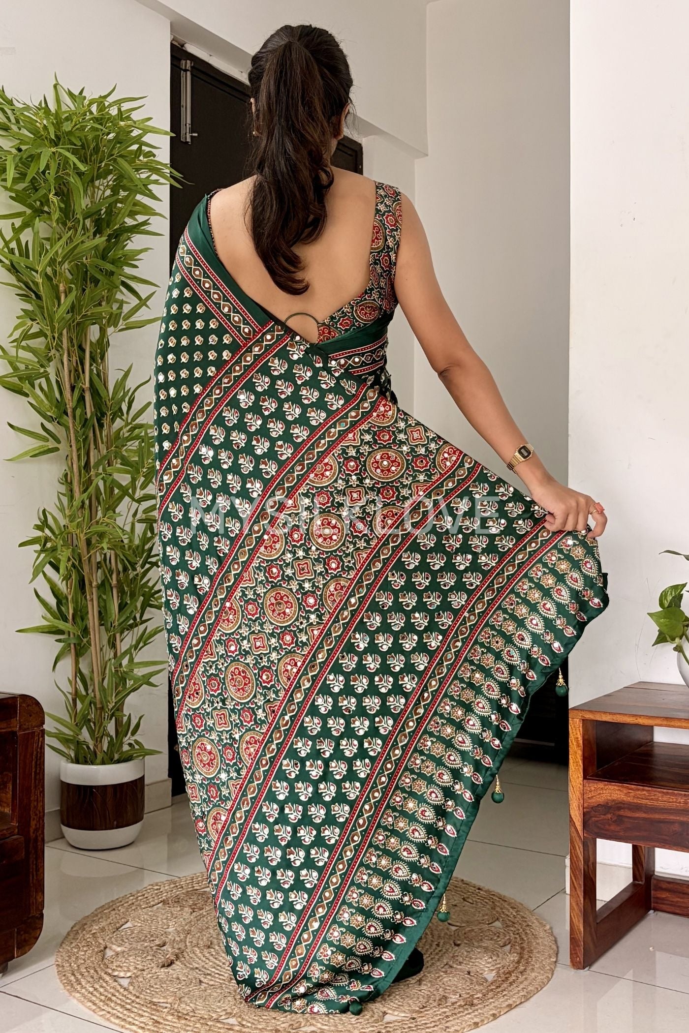 Buy MySilkLove Bottle Green Ajrakh Printed Mirror Work satin Saree Online