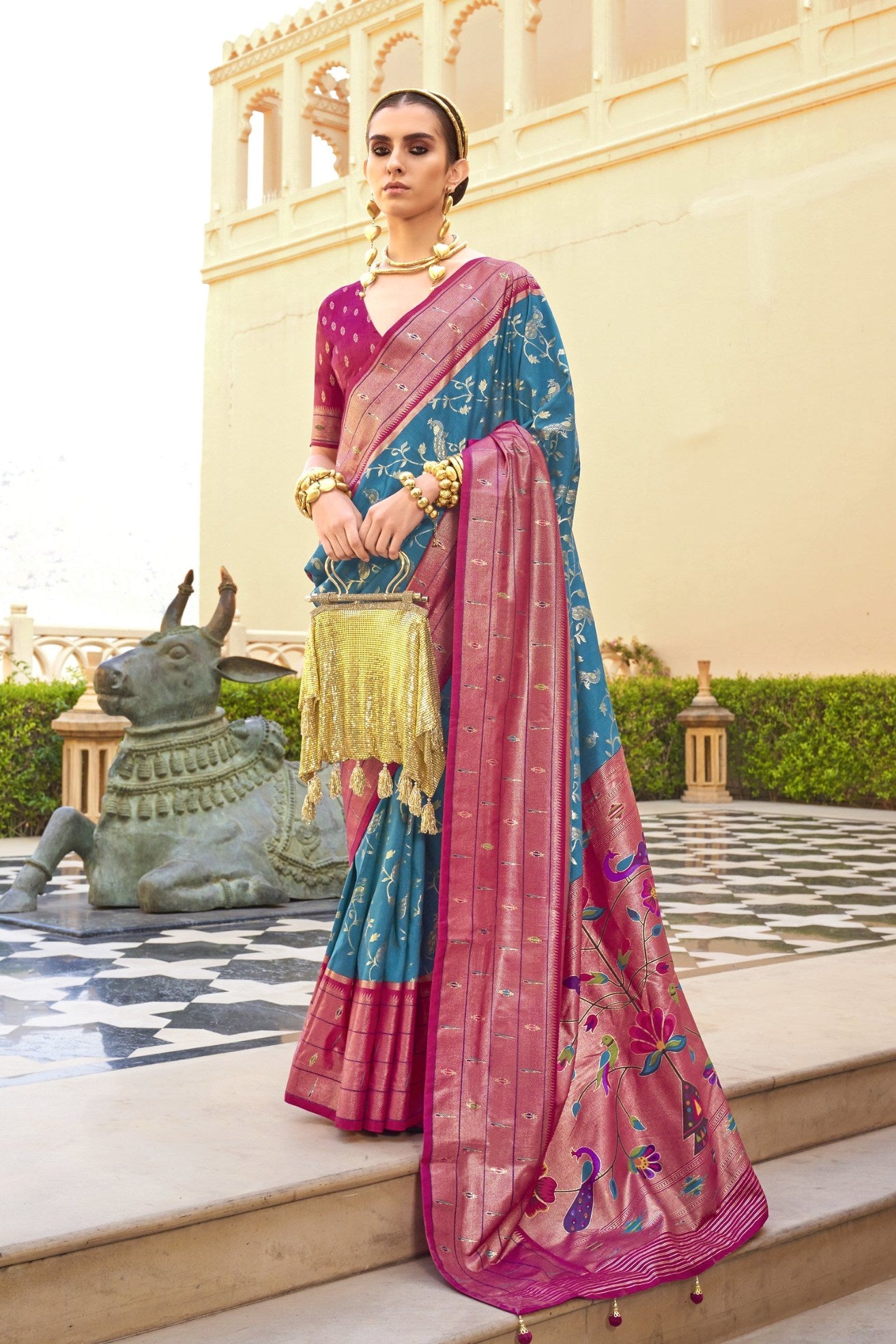 Buy MySilkLove Boston Blue and Pink Woven Paithani Designer Saree Online