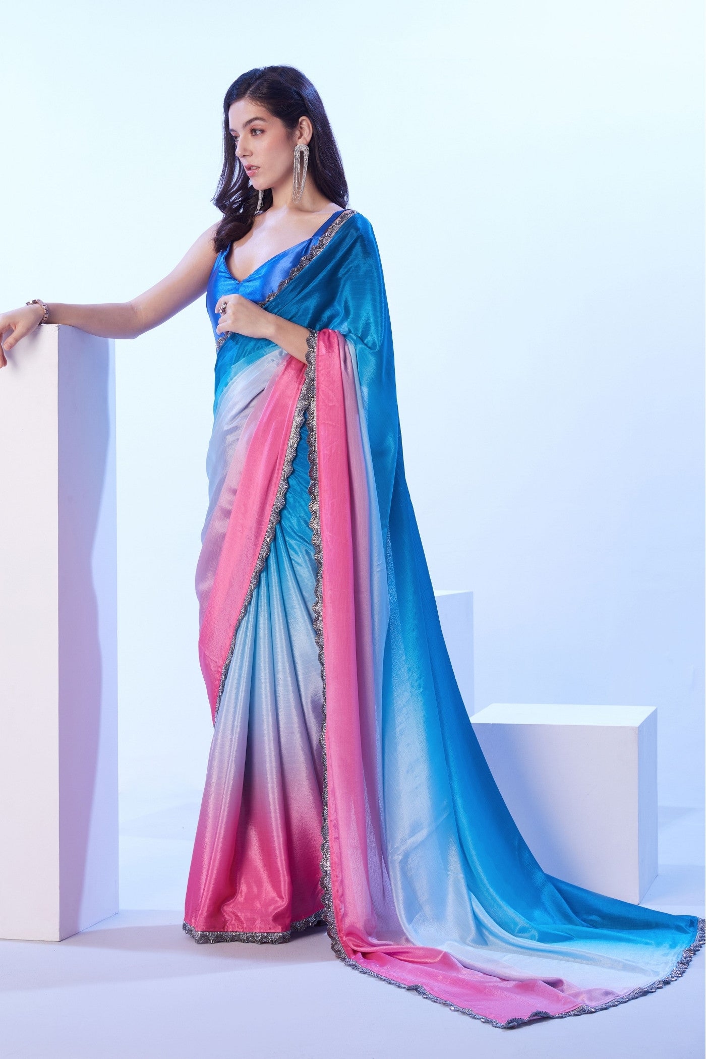 Buy MySilkLove Neon Bule and Pink Designer Partywear Saree Online