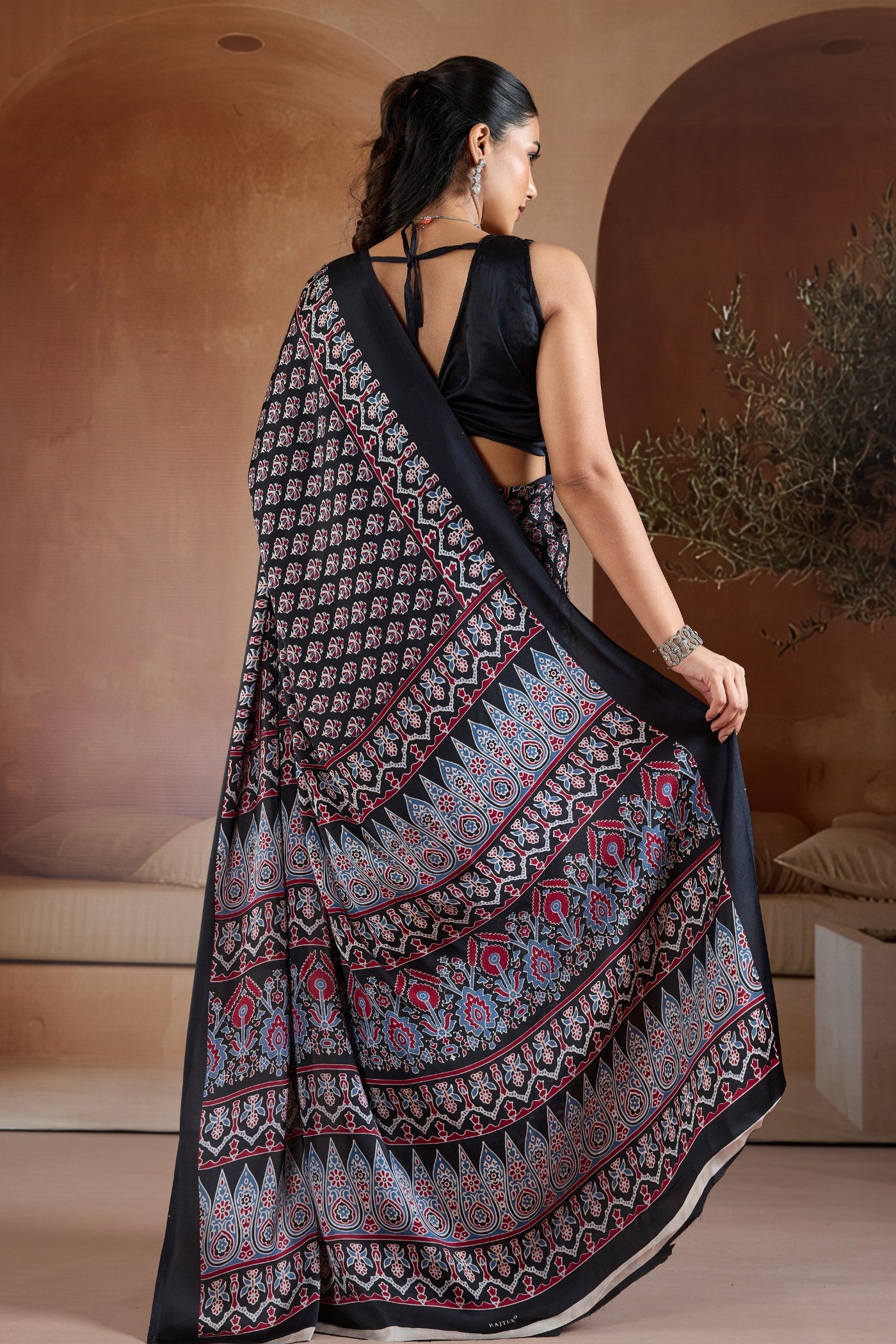 Buy MySilkLove Eclipse Black Ajrakh Printed Satin Crepe Silk Saree Online
