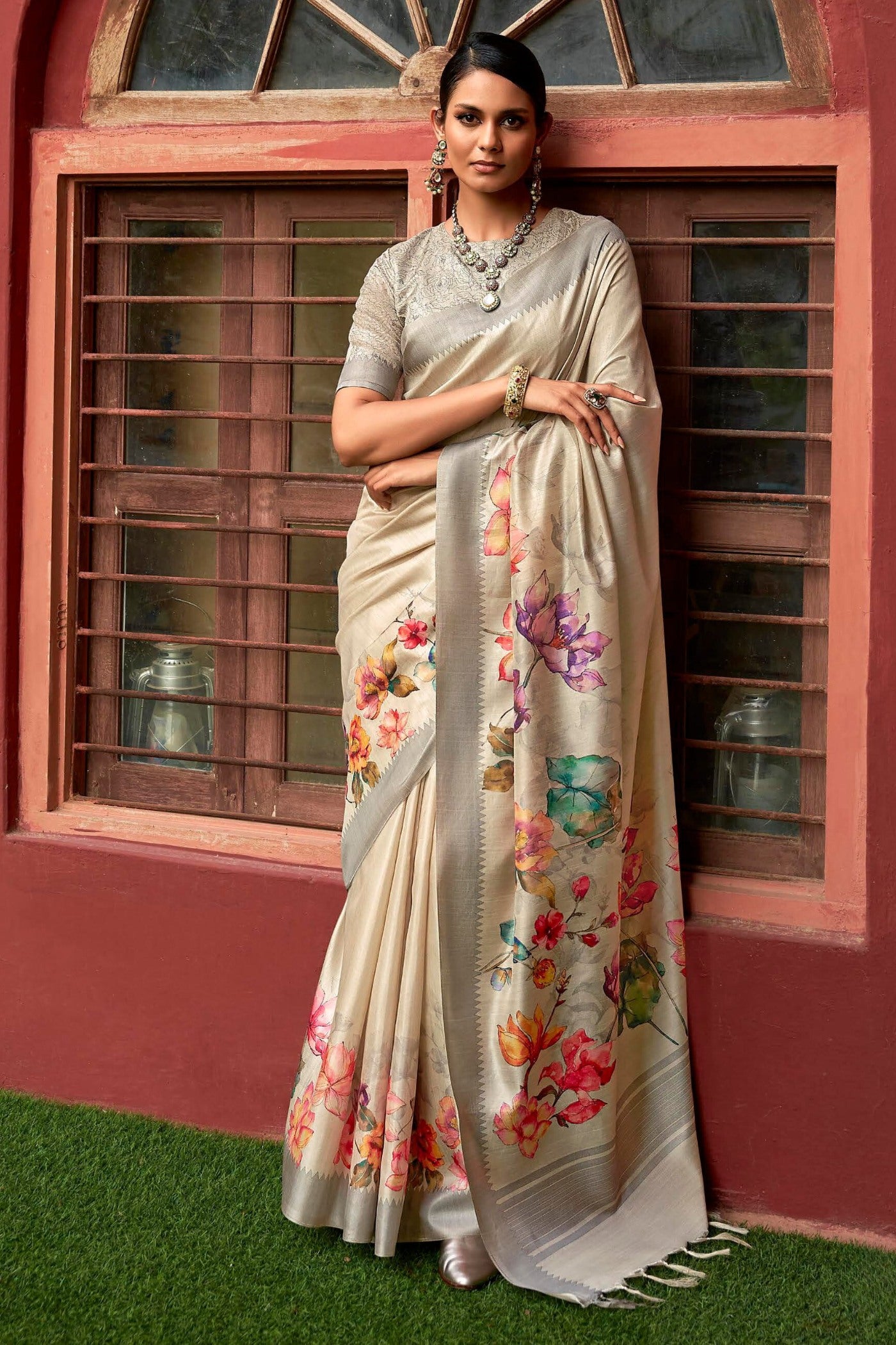 Buy MySilkLove Akaroa Cream Digital Printed Banarasi Saree Online