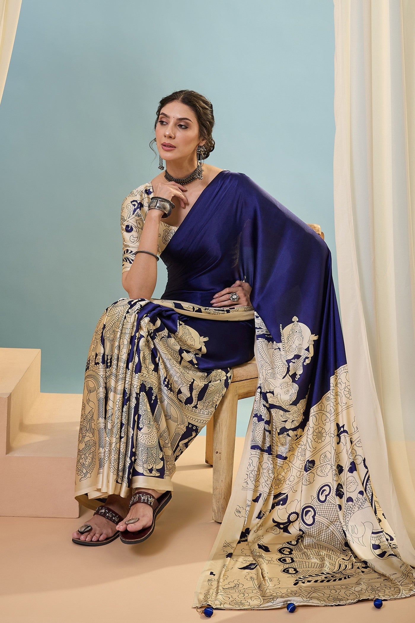 MySilkLove Air Blue Ajrakh Printed Satin Crepe Silk Saree