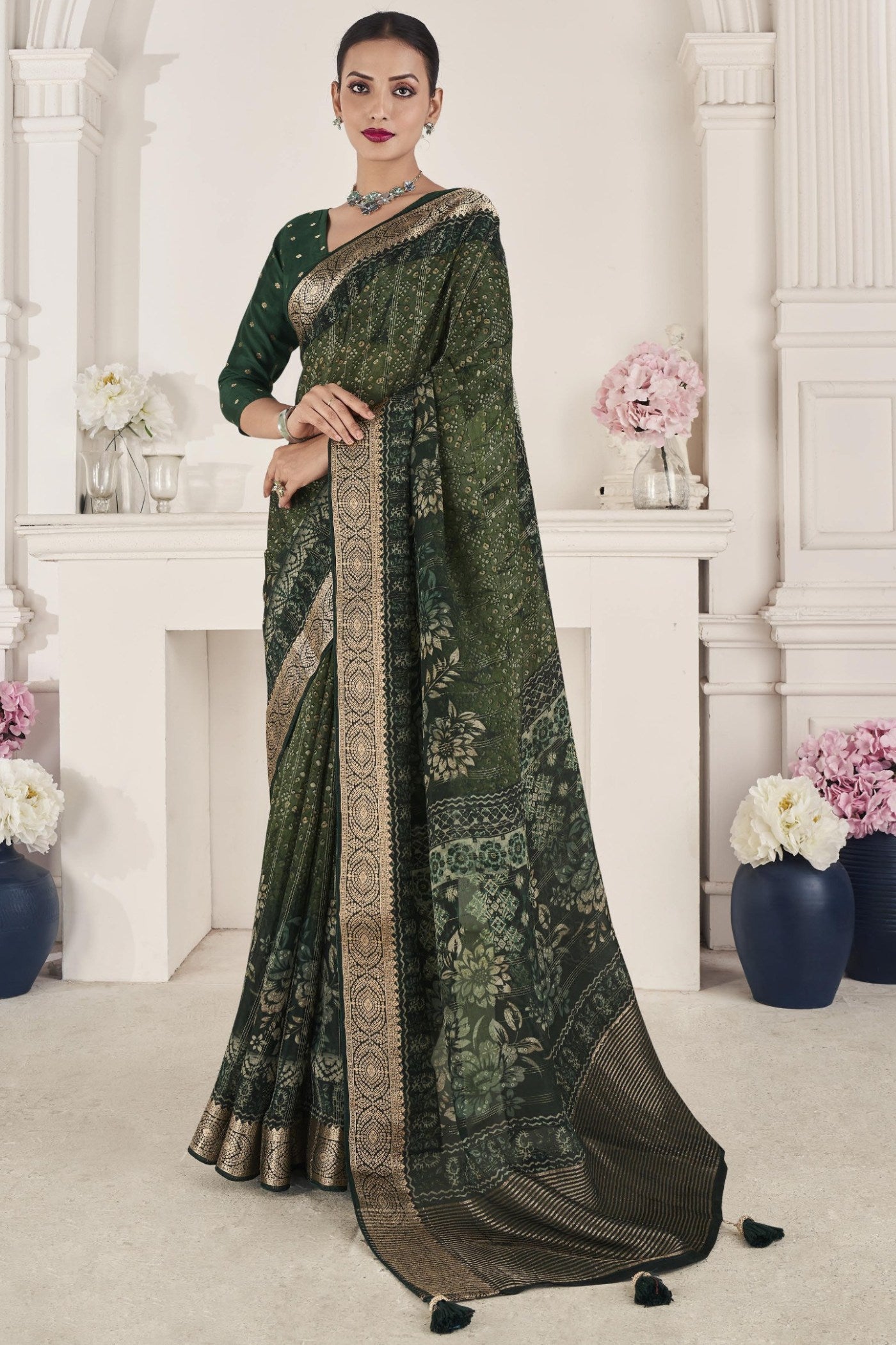 Buy MySilkLove Rangitoto Green Banarasi Silk Saree Online