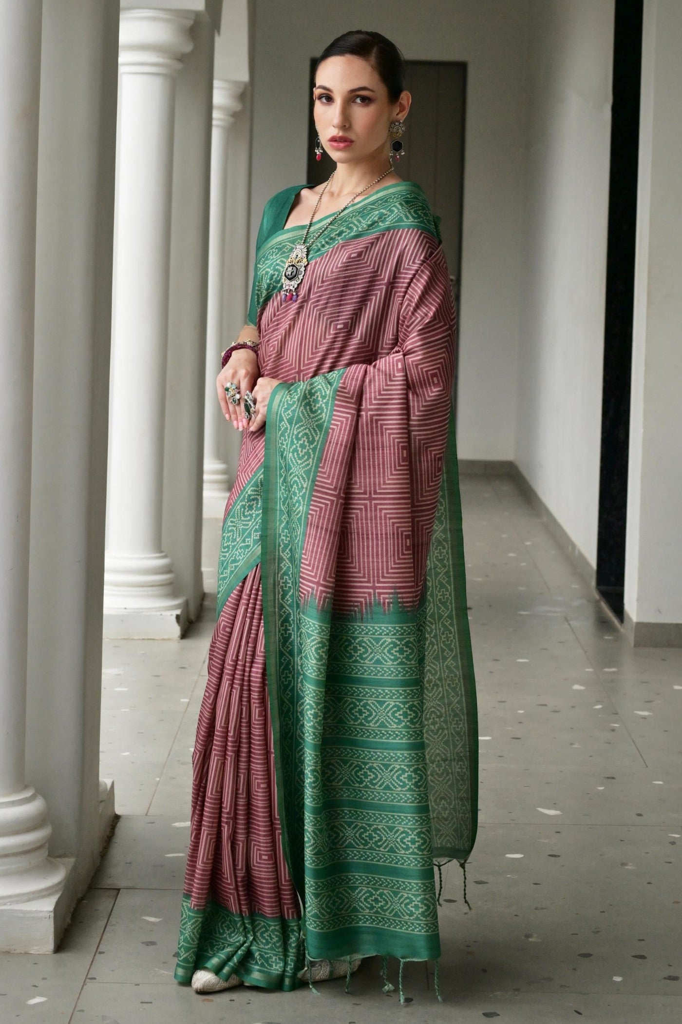 Buy MySilkLove Eggplant Purple and Green Printed Tussar Silk Saree Online