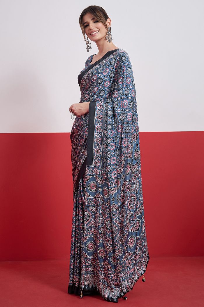 Buy MySilkLove Ocean Blue Modal Ajrakh Satin Printed Mirror Work Saree Online