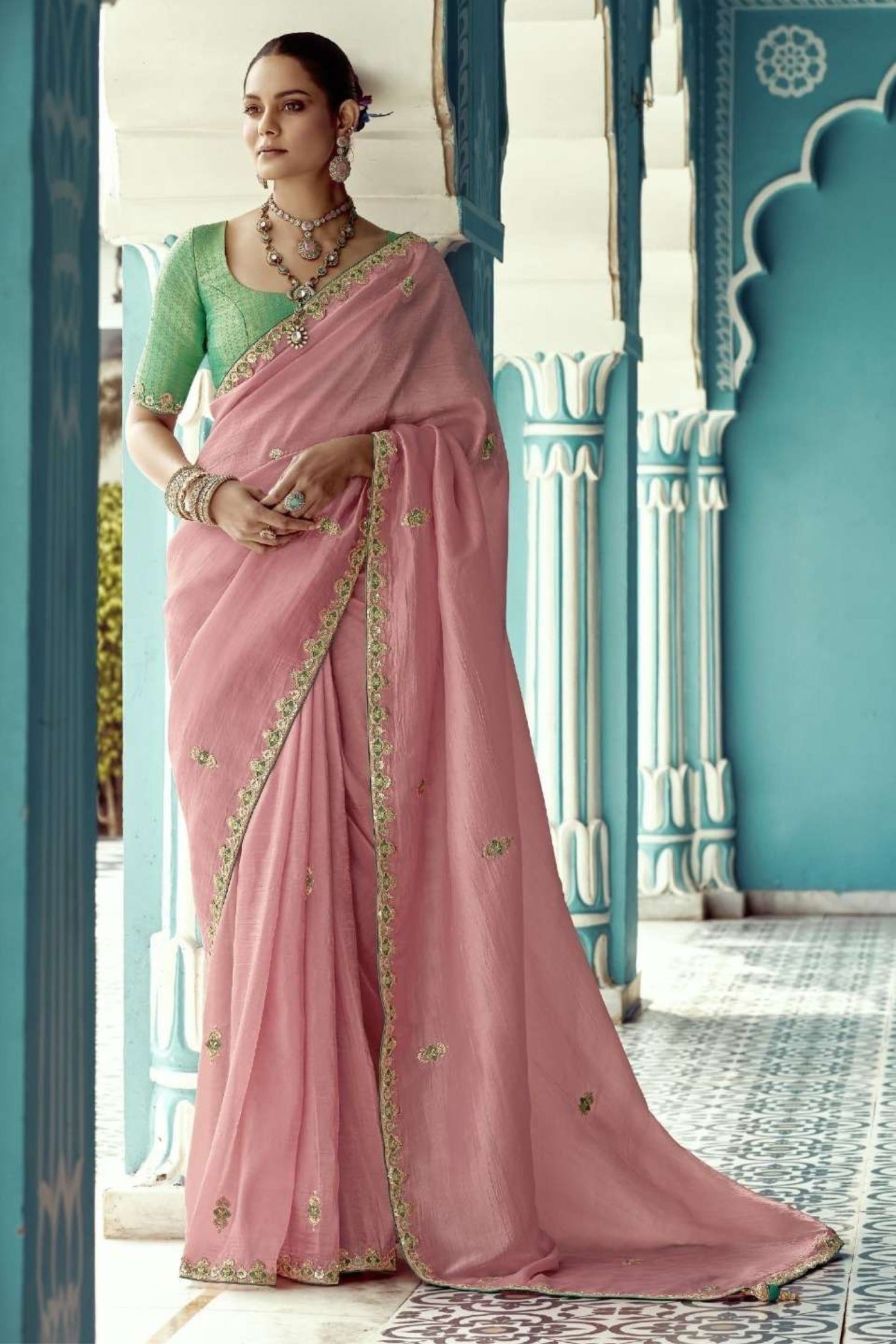 Buy MySilkLove Rosy Pink Embroidered Tissue Designer Saree Online