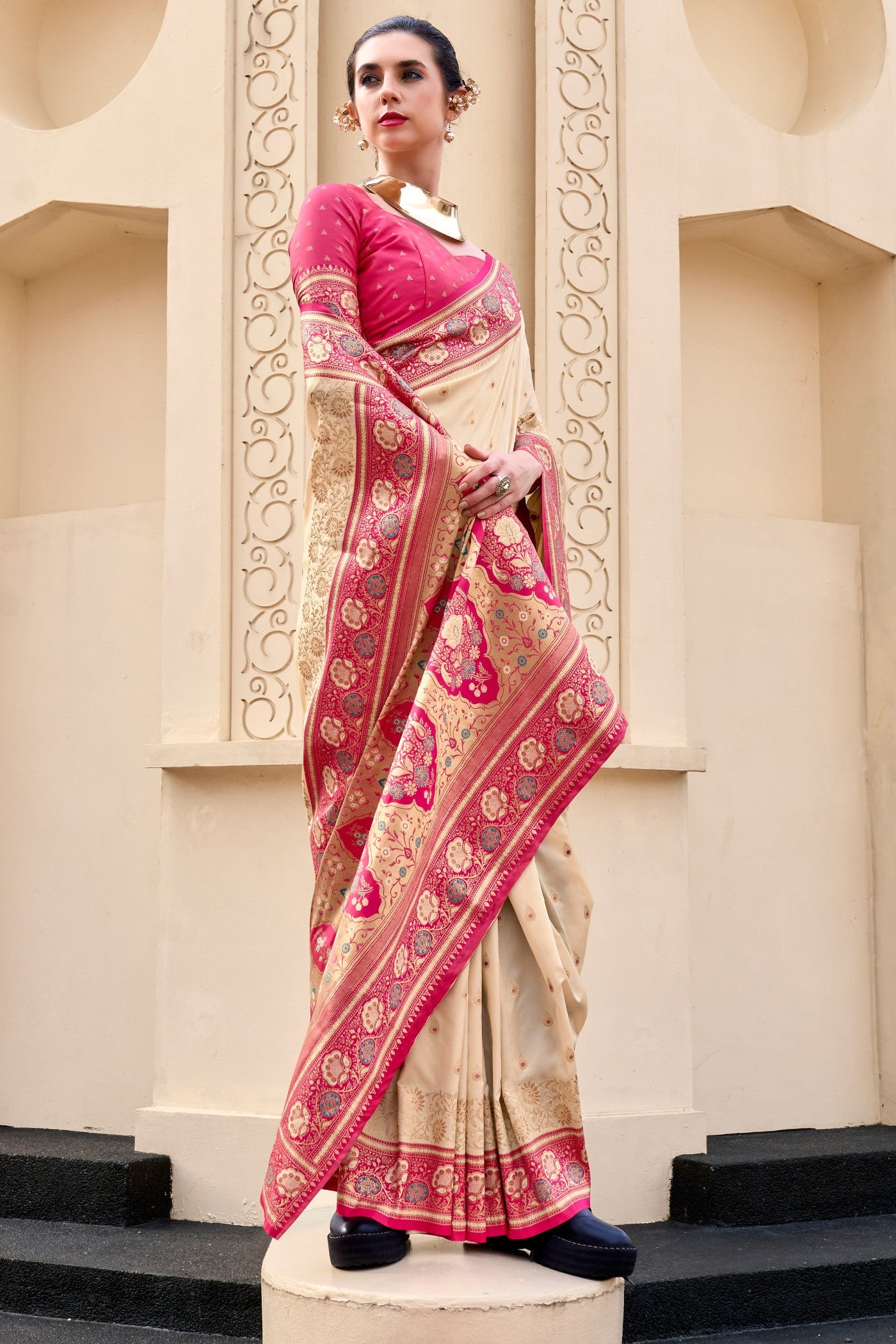 Buy MySilkLove Vanilla Cream Woven Banarasi Saree Online