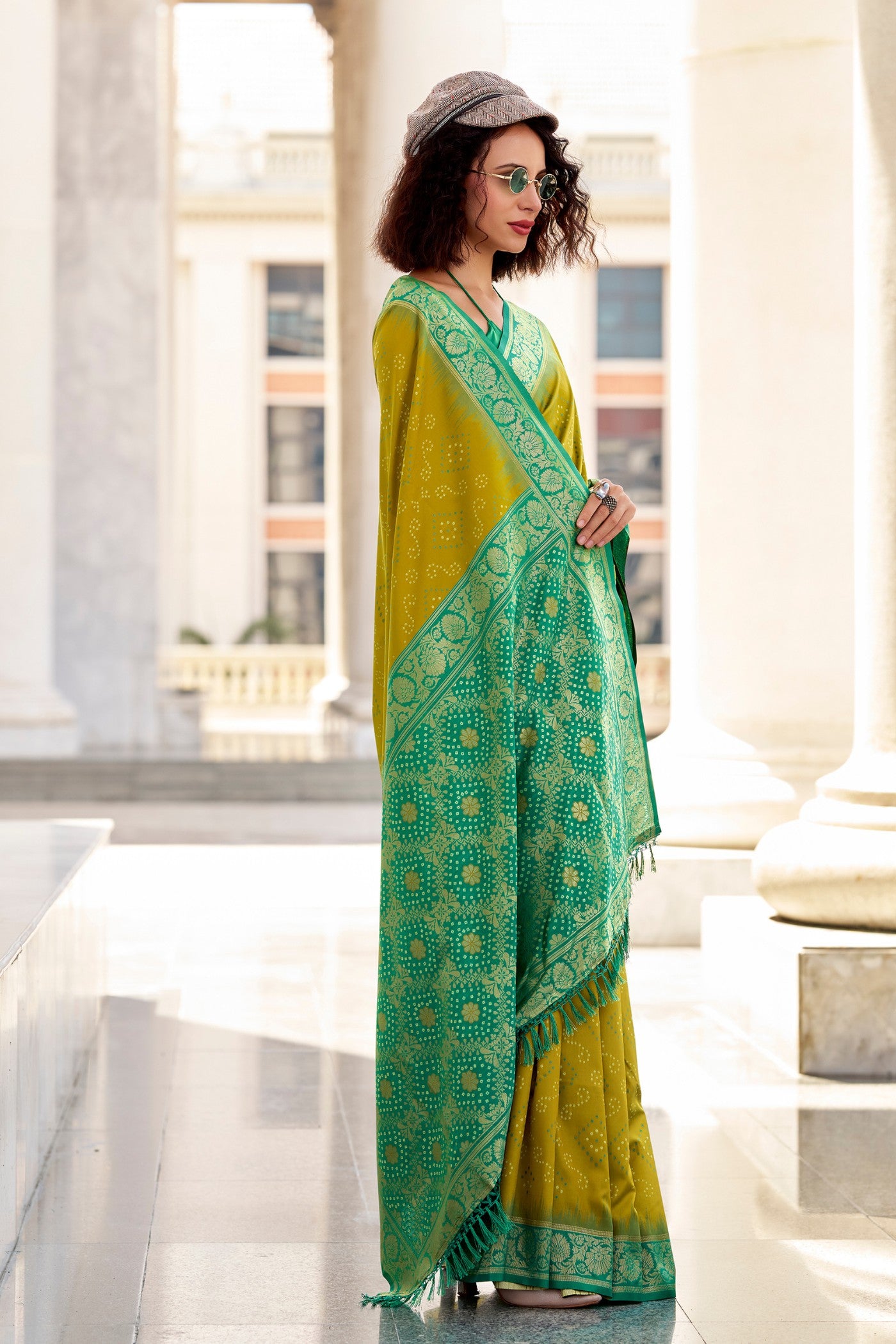 Buy MySilkLove Corn Harvest Green Woven Banarasi Bandhani Soft Silk Saree Online