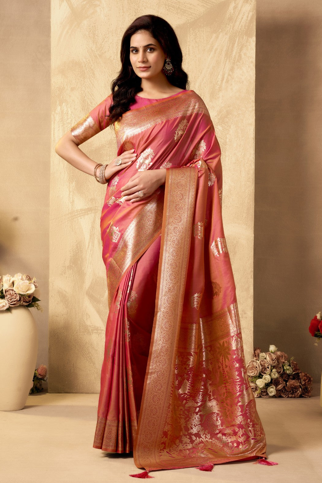Buy MySilkLove Papaya Peach Woven Banarasi Soft Silk Saree Online