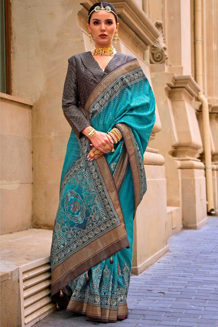 Buy MySilkLove Elm Blue Printed Patola Saree Online