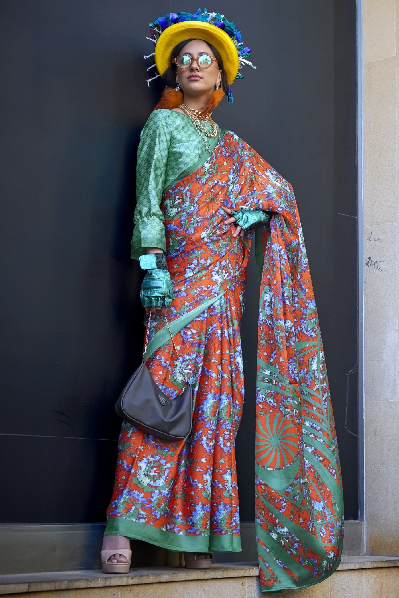 Buy MySilkLove Squach Orange and Green Printed Satin Crepe Silk Saree Online