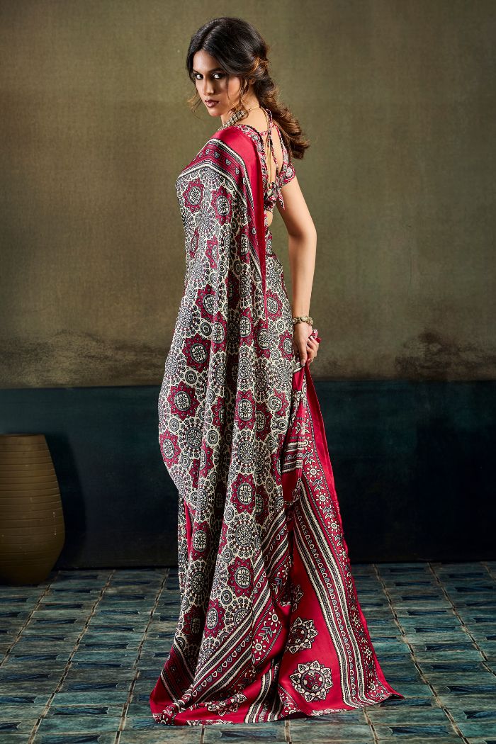 Buy MySilkLove Barn Red Modal Ajrakh Satin Printed Silk Saree Online