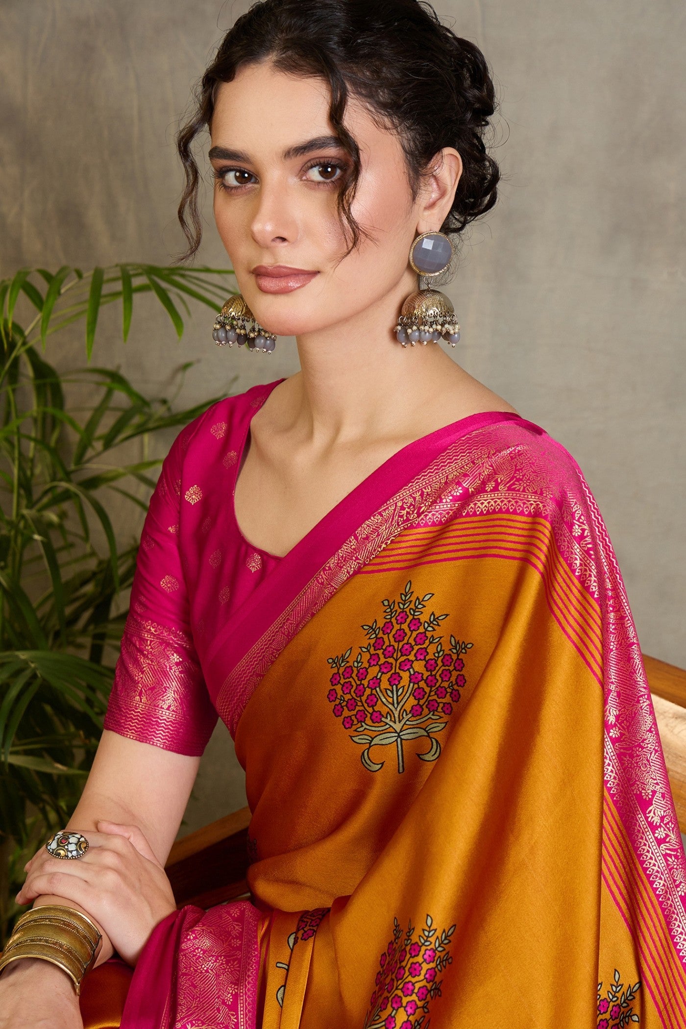 Buy MySilkLove Sunspill Yellow and Pink Printed Satin Crepe Silk Saree Online