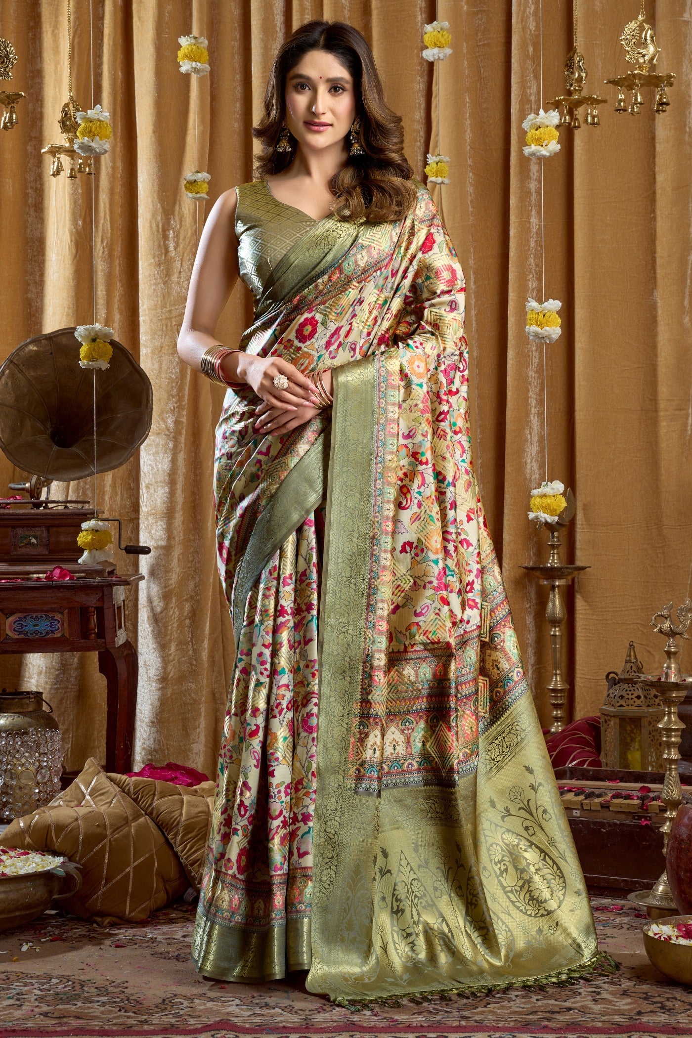 Buy MySilkLove Olive Green Digital Printed Banarasi Saree Online