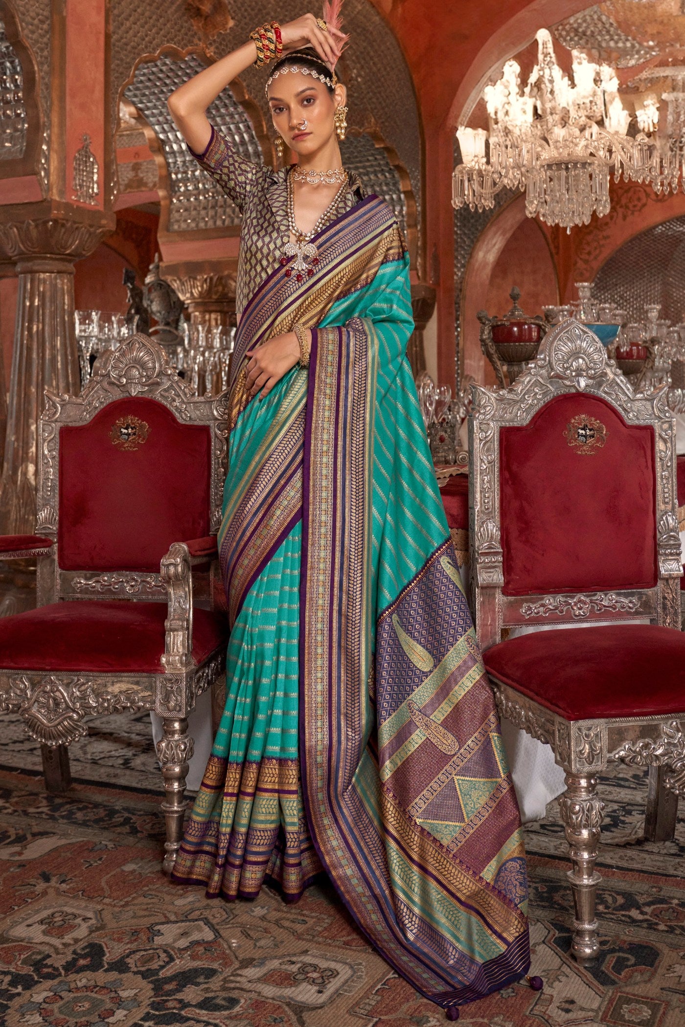 Buy MySilkLove Opal Blue Printed Patola Saree Online