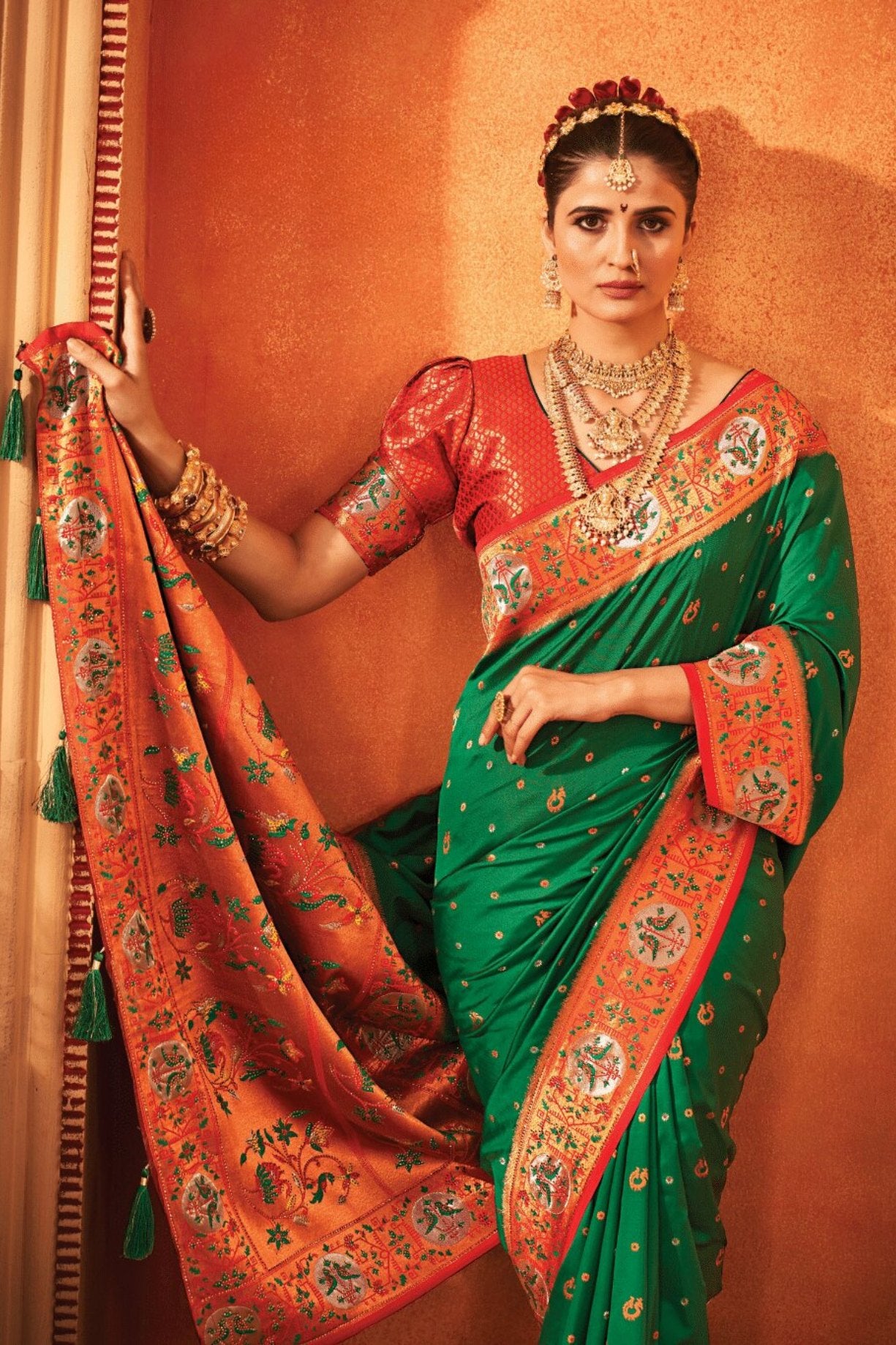 MySilkLove Pine Green Woven Paithani Saree