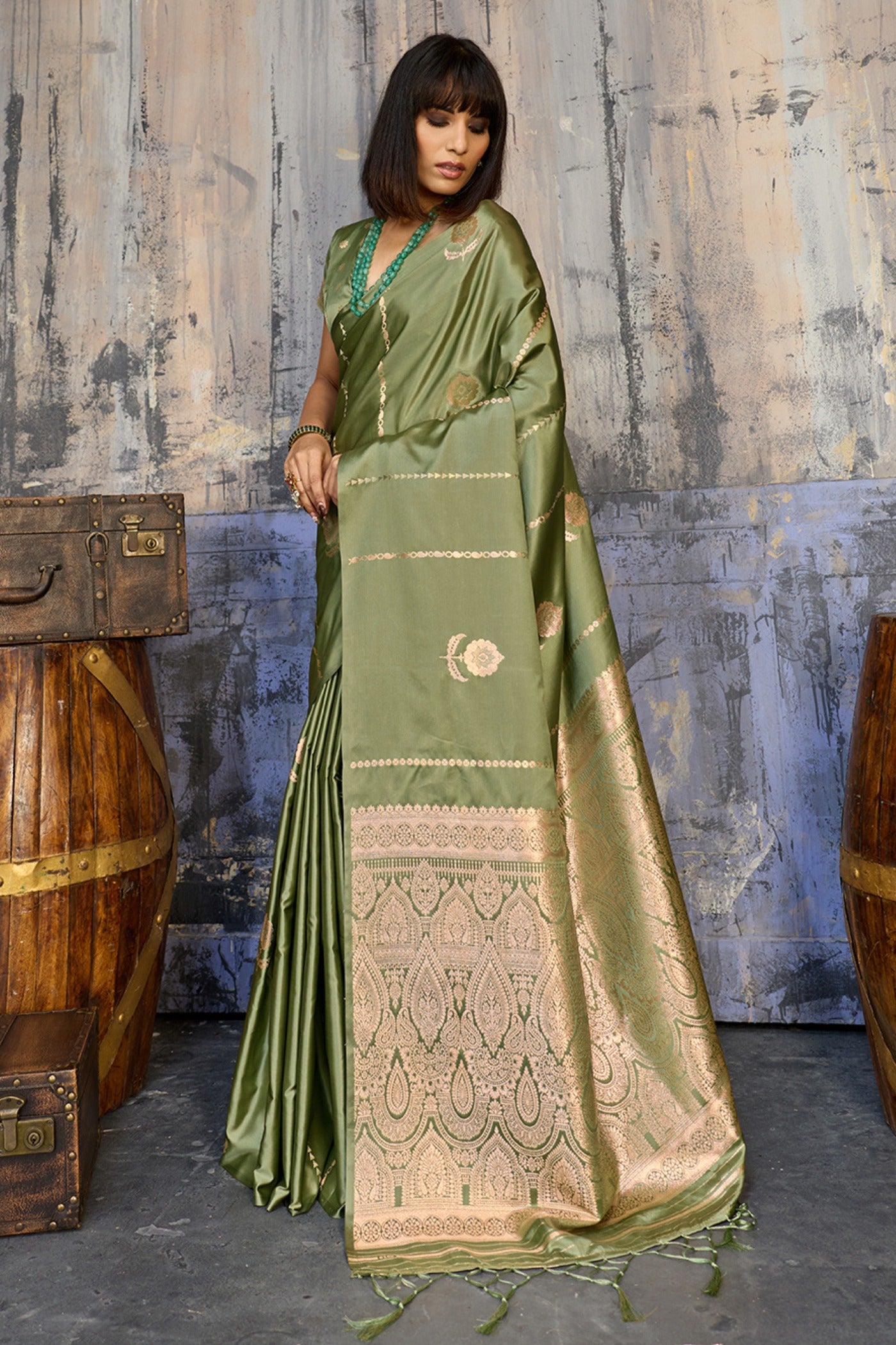 Buy MySilkLove Olive Green Handloom Satin Silk Saree Online