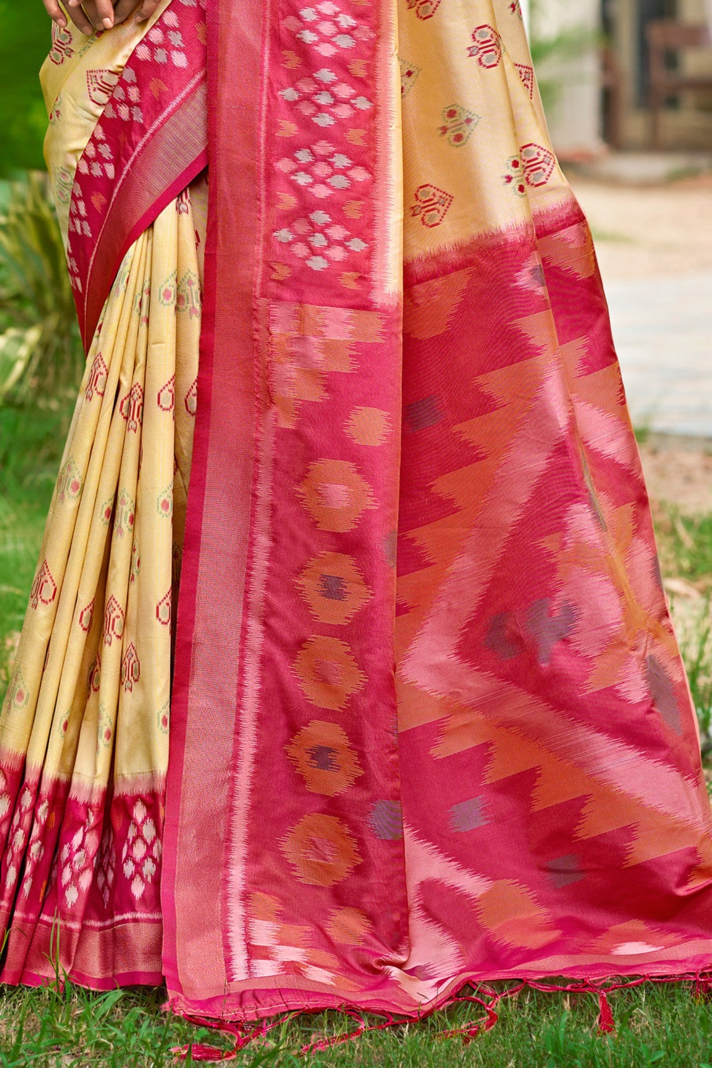 Buy MySilkLove Biscuit Cream Ikkat Soft Silk Saree Online