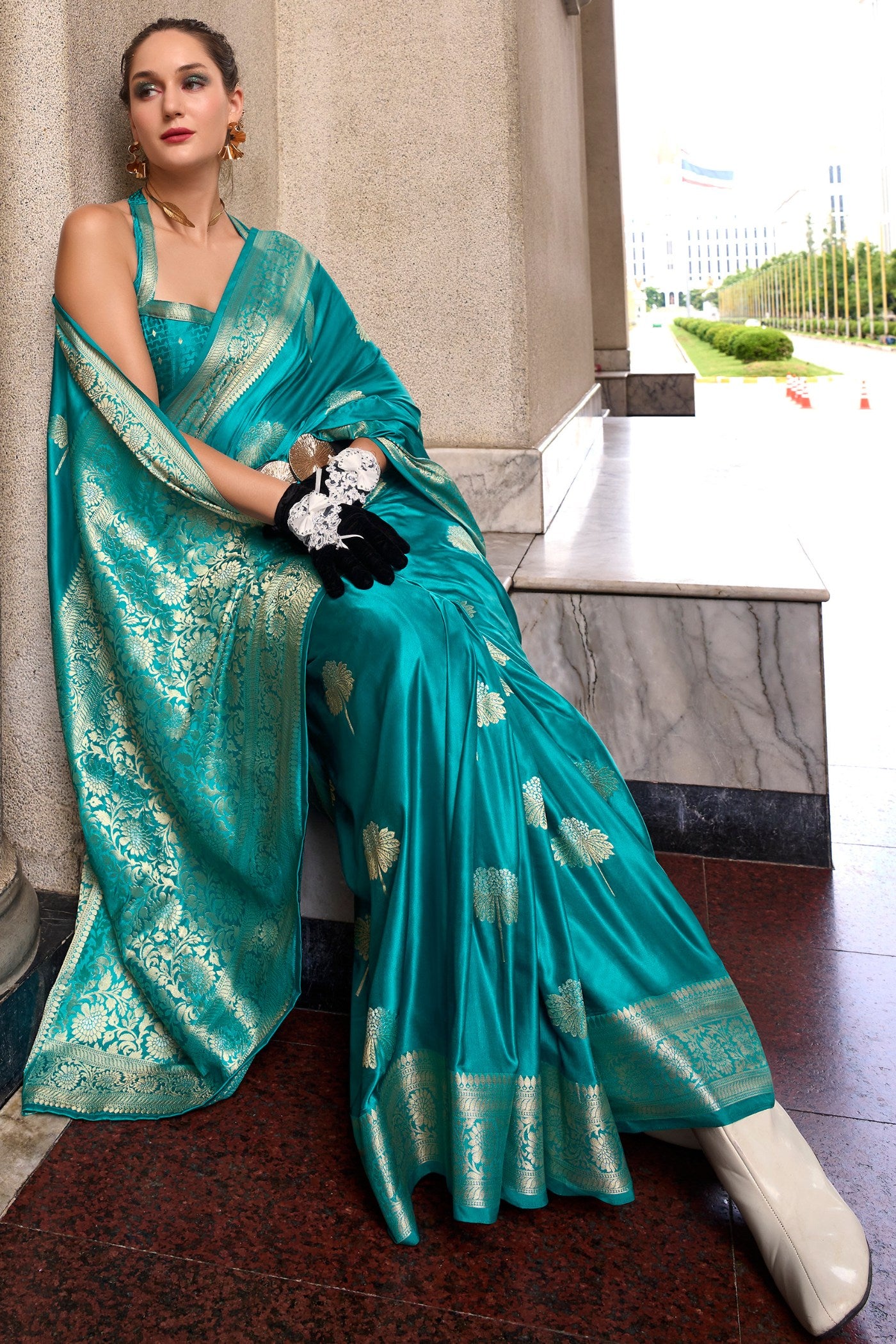 Buy MySilkLove Olumpic Blue Handloom Satin Banarasi Saree Online