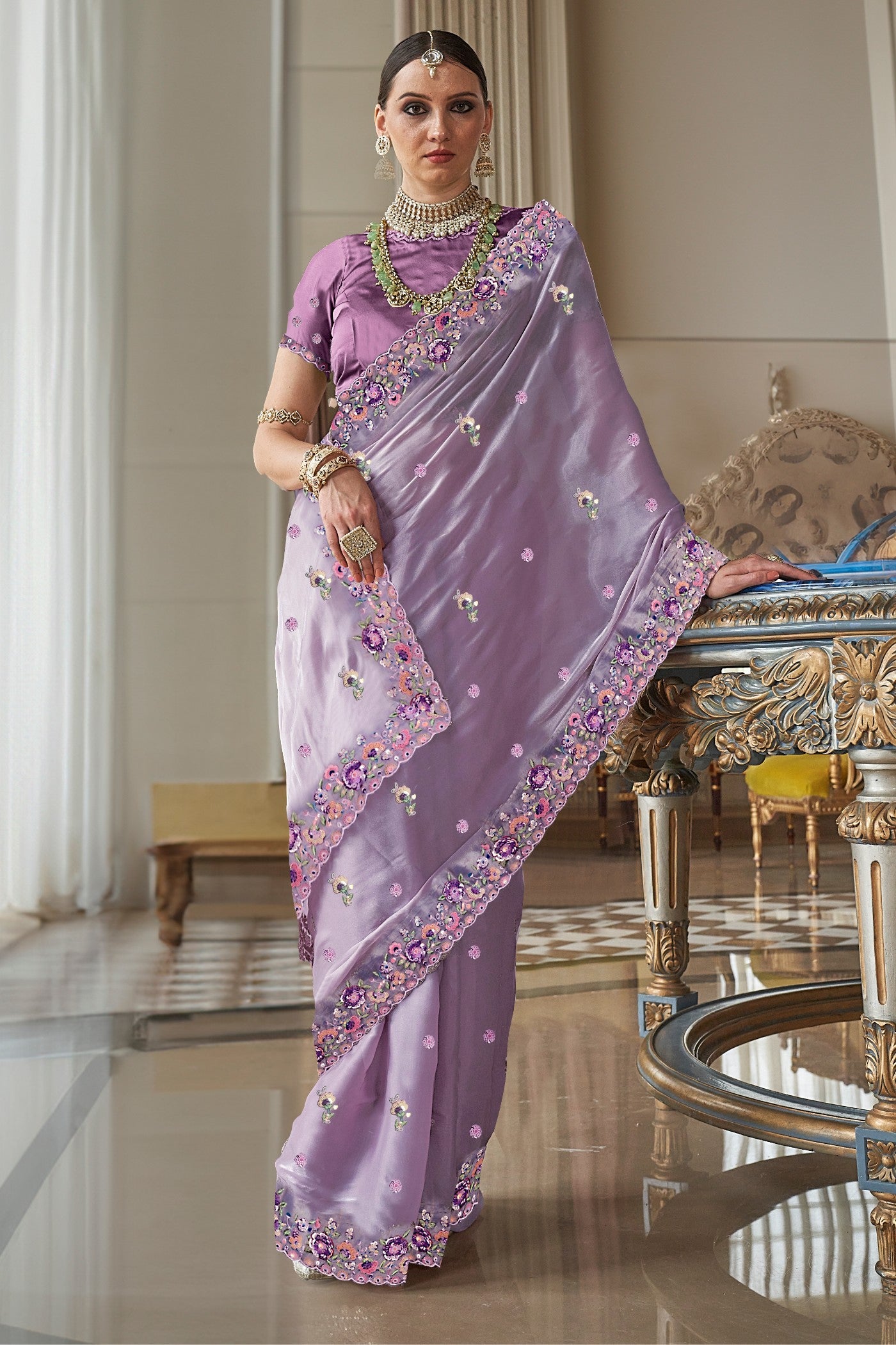 Buy MySilkLove Mountbatten Purple Tissue Designer Saree Online