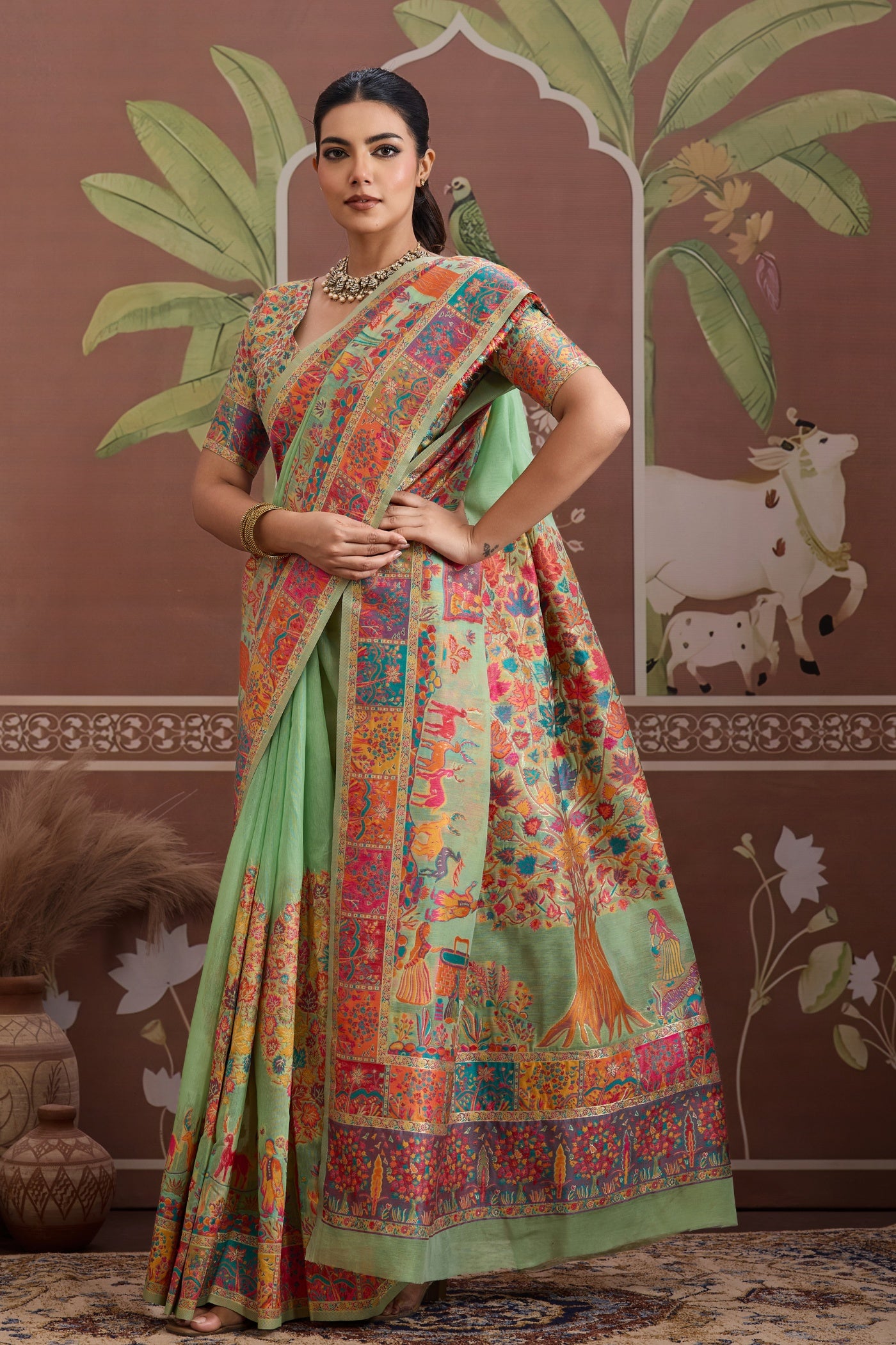 Buy MySilkLove Pista Green Kashmiri Handllom Jamewar Saree Online