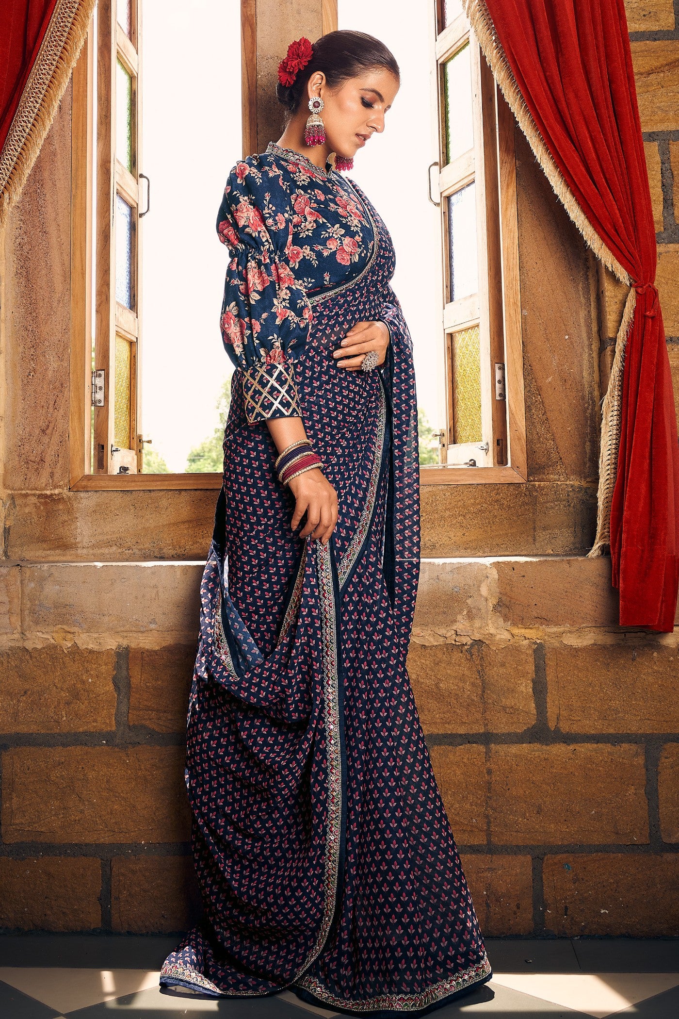 Buy MySilkLove Navy Blue Georgette Digital Printed Saree Online