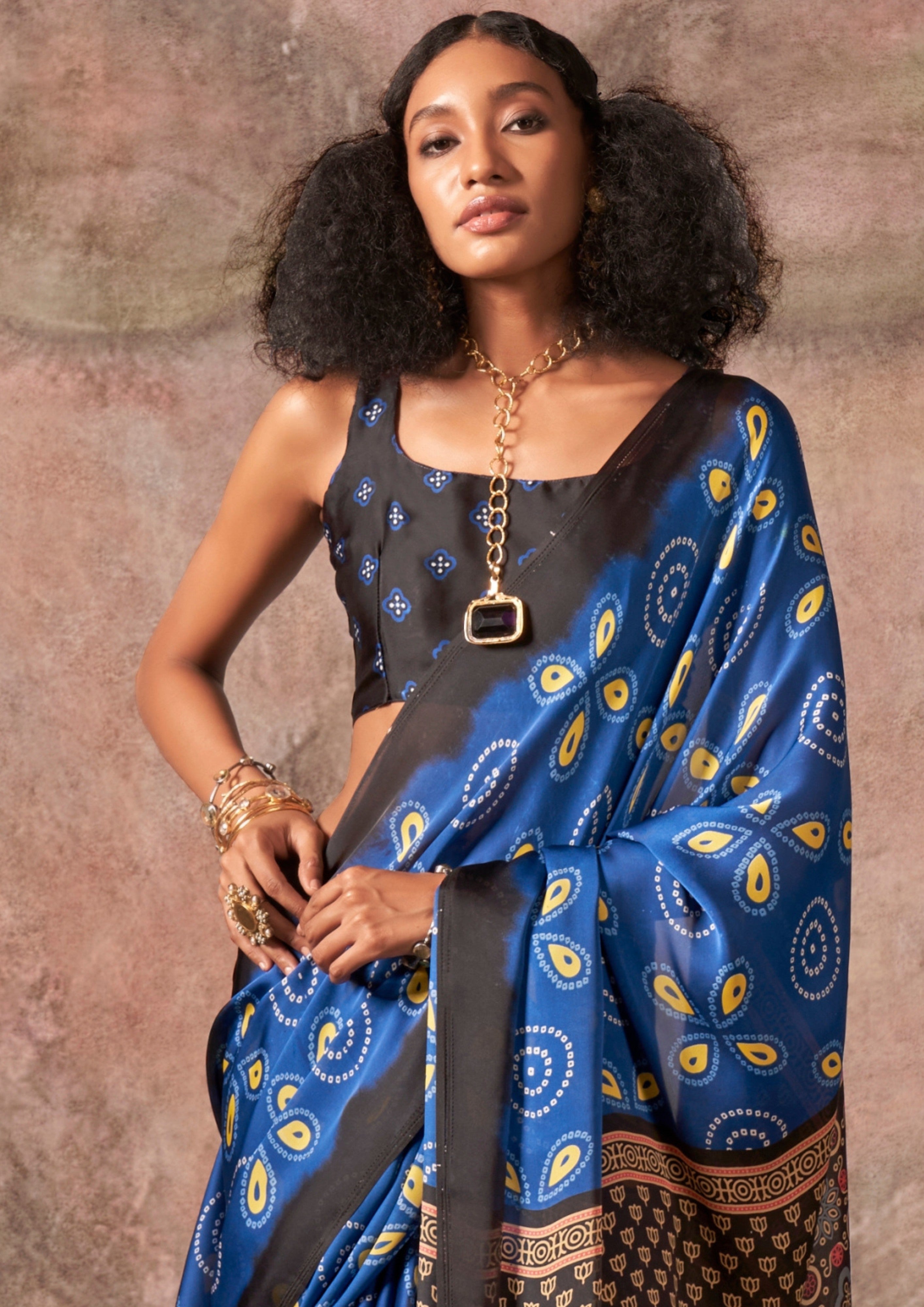 Buy MySilkLove Midnight Blue Ajrakh Printed Satin Georgette Silk Saree Online