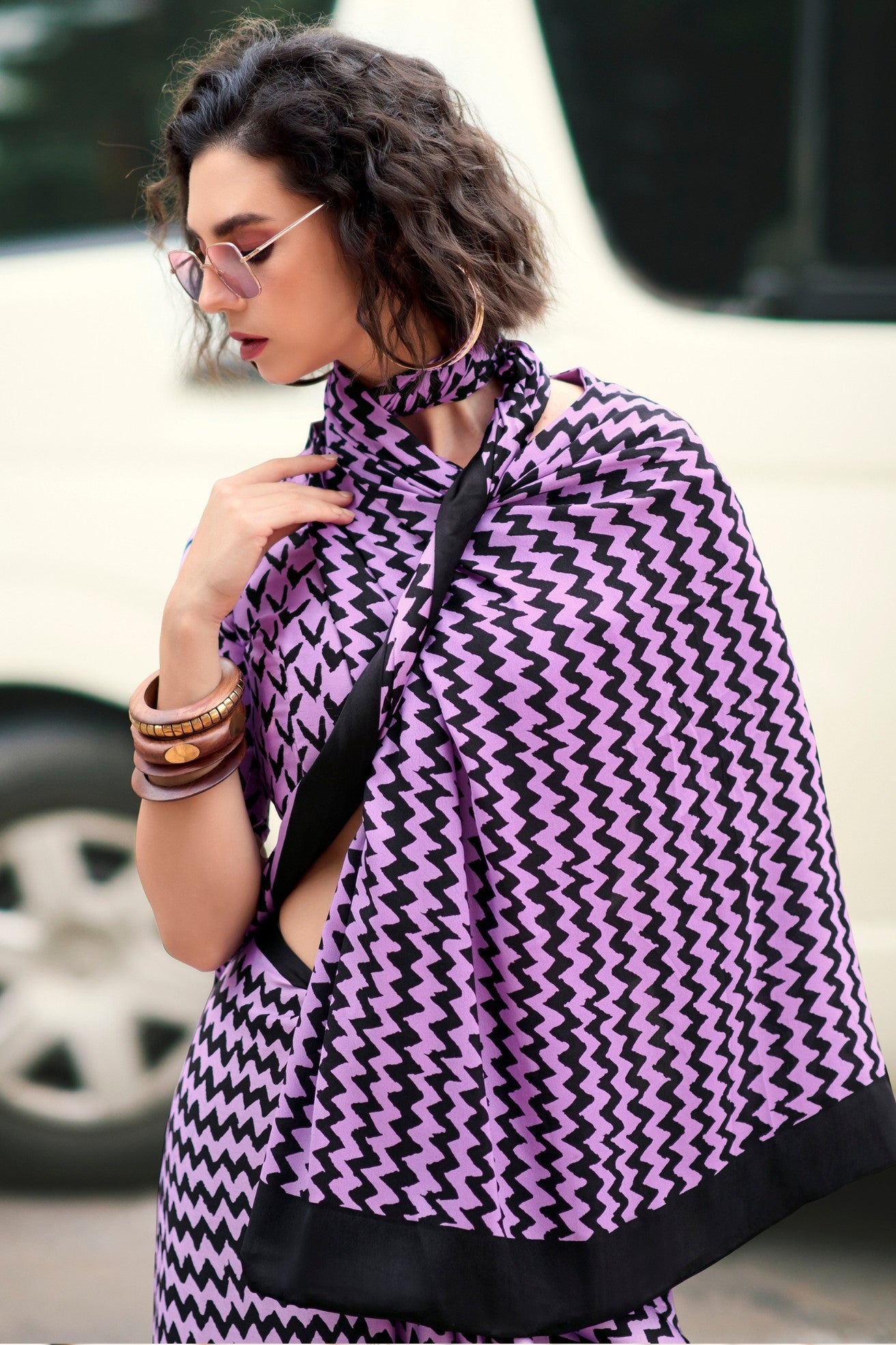 Buy MySilkLove Amethyst Purple Printed Satin Crepe Saree Online