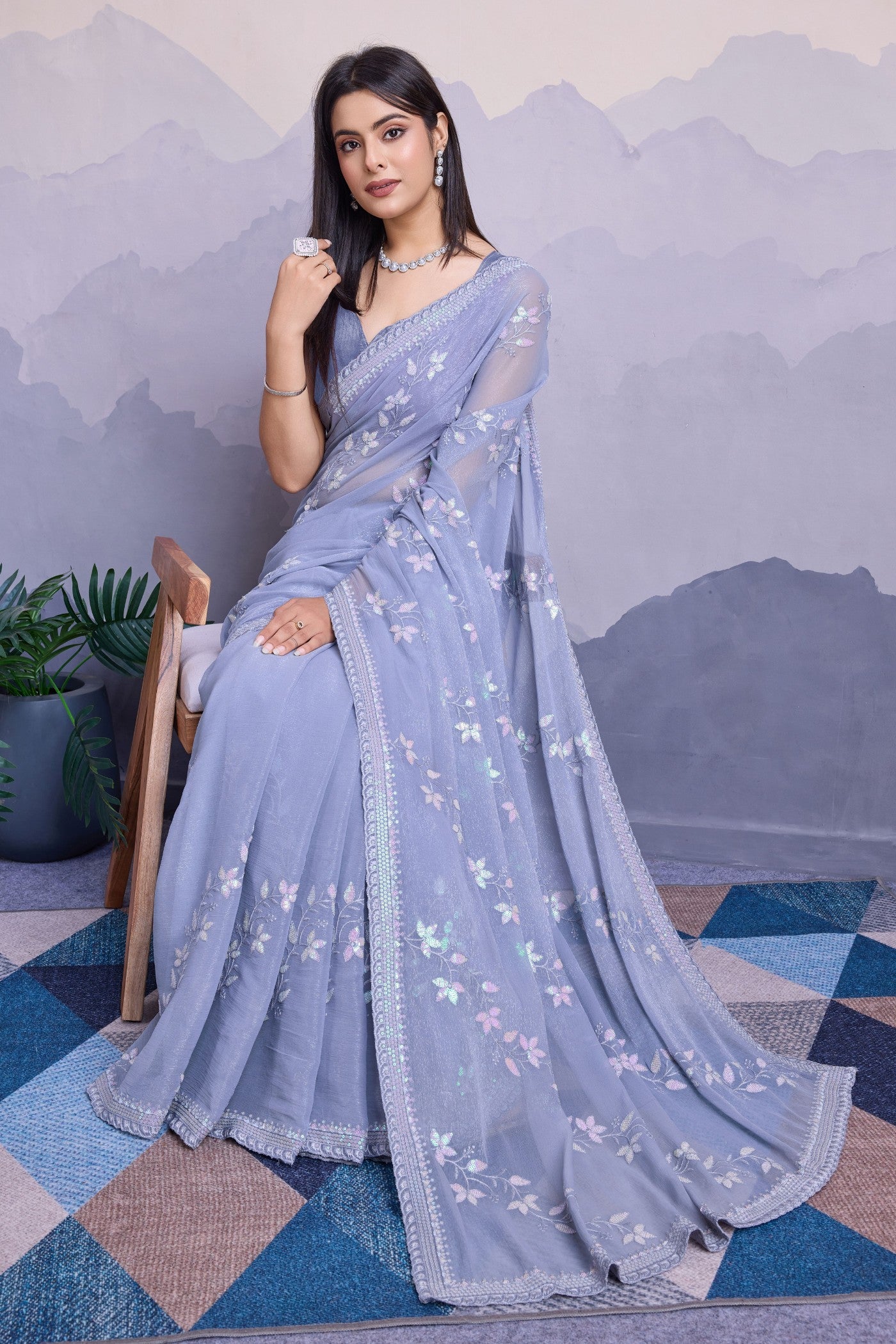 Buy MySilkLove Columbia Blue Embroidered Designer Chiffon Saree Online