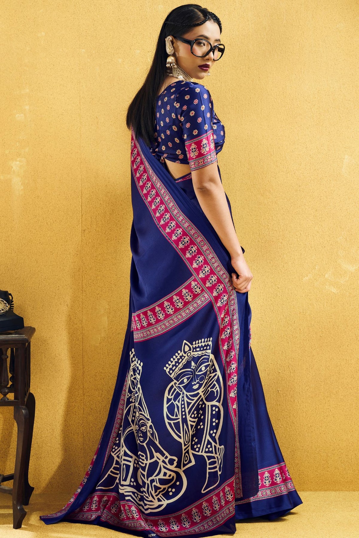 Buy MySilkLove Azure Blue Modal Ajrakh Satin Printed Silk Saree Online