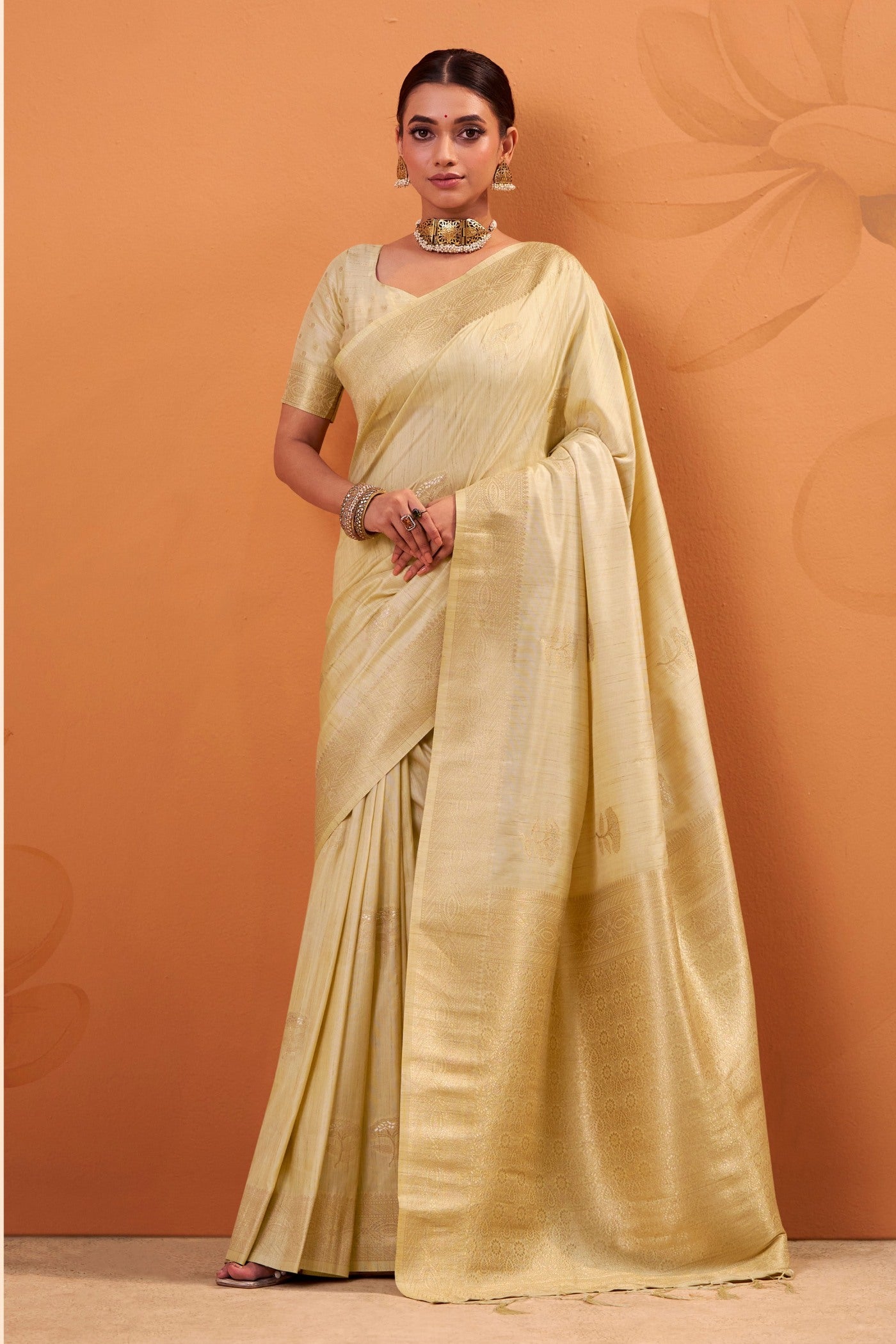 Buy MySilkLove Coconut Cream Tussar Handloom Silk Saree Online
